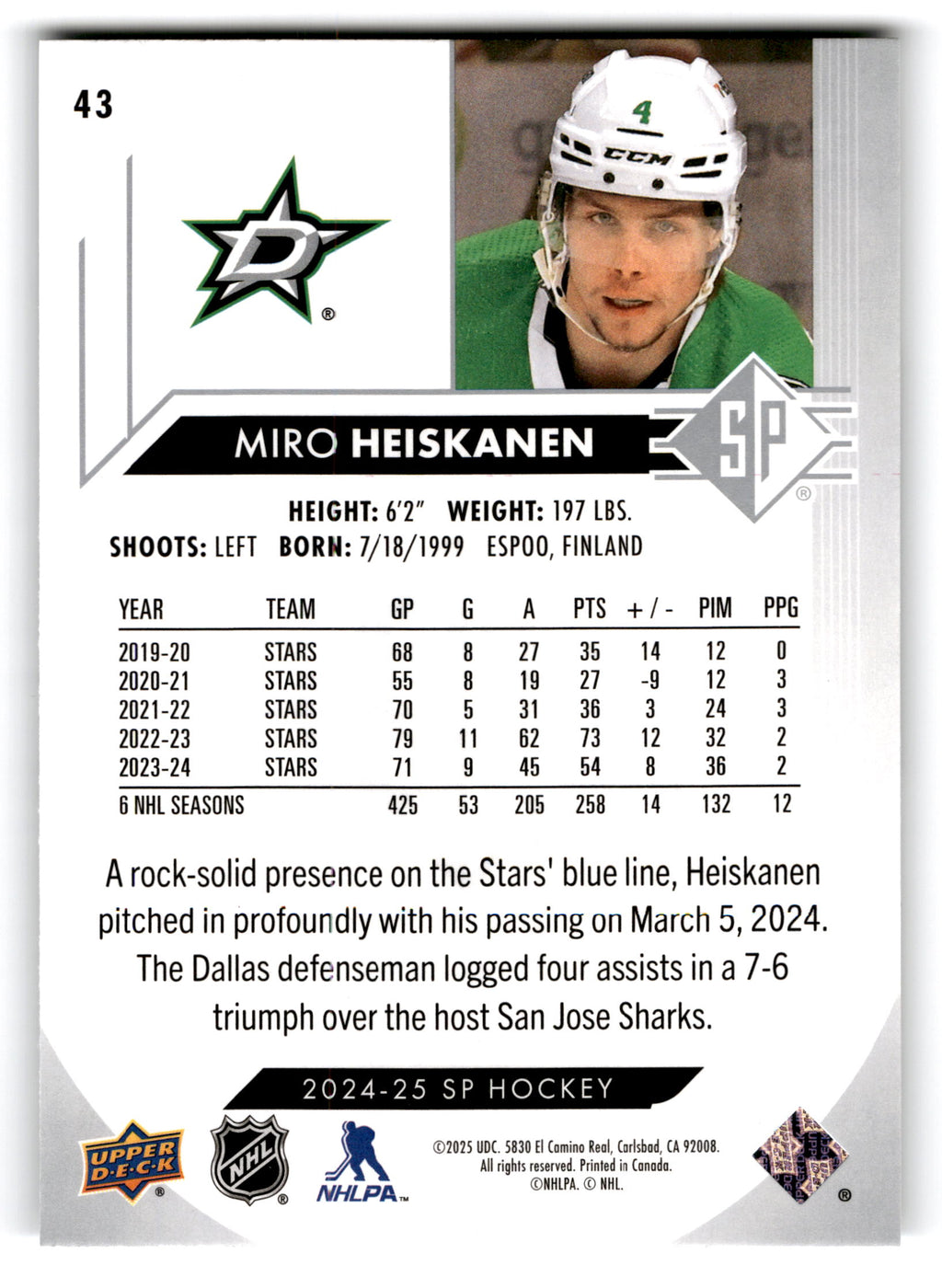 2023 Upper Deck SP Hockey Miro Heiskanen #43
