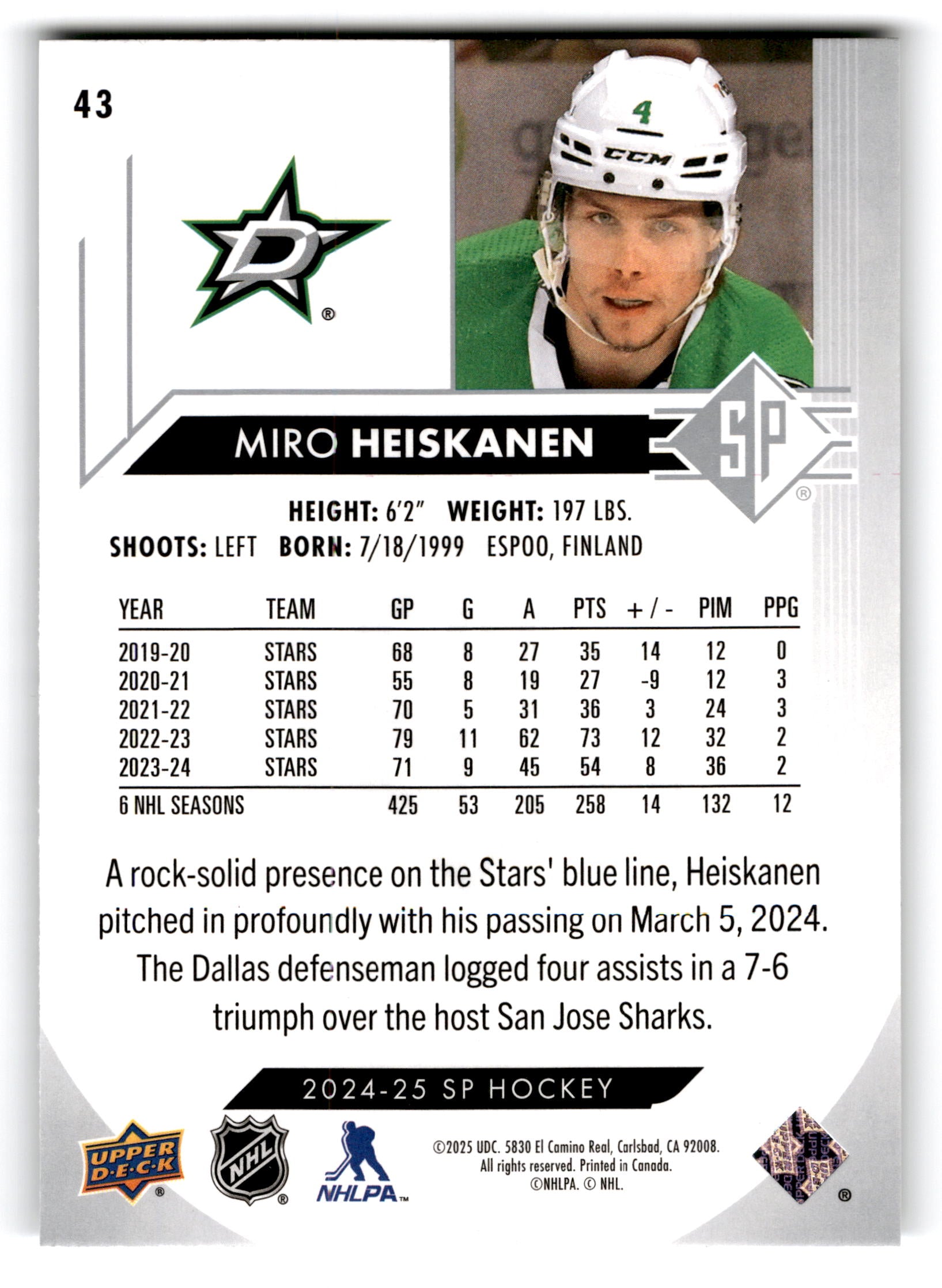 2023 Upper Deck SP Hockey Miro Heiskanen #43