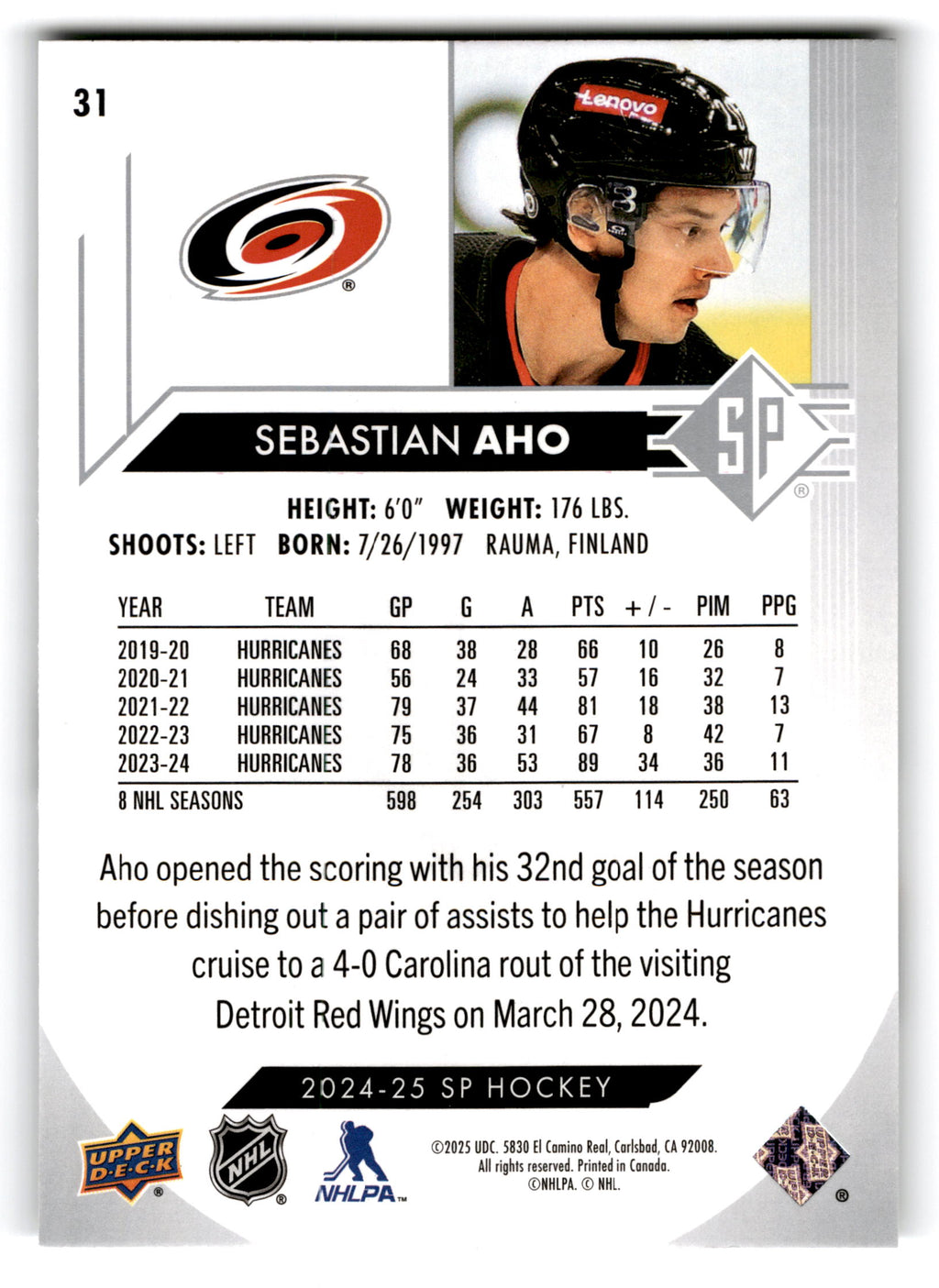 2023 Upper Deck SP Hockey Sebastian Aho #31