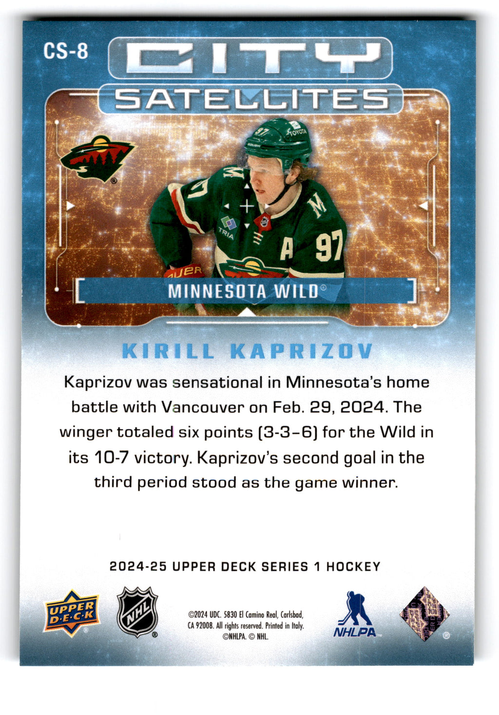2024 Upper Deck Series 1 City Satellites Kirill Kaprizov #CS-8