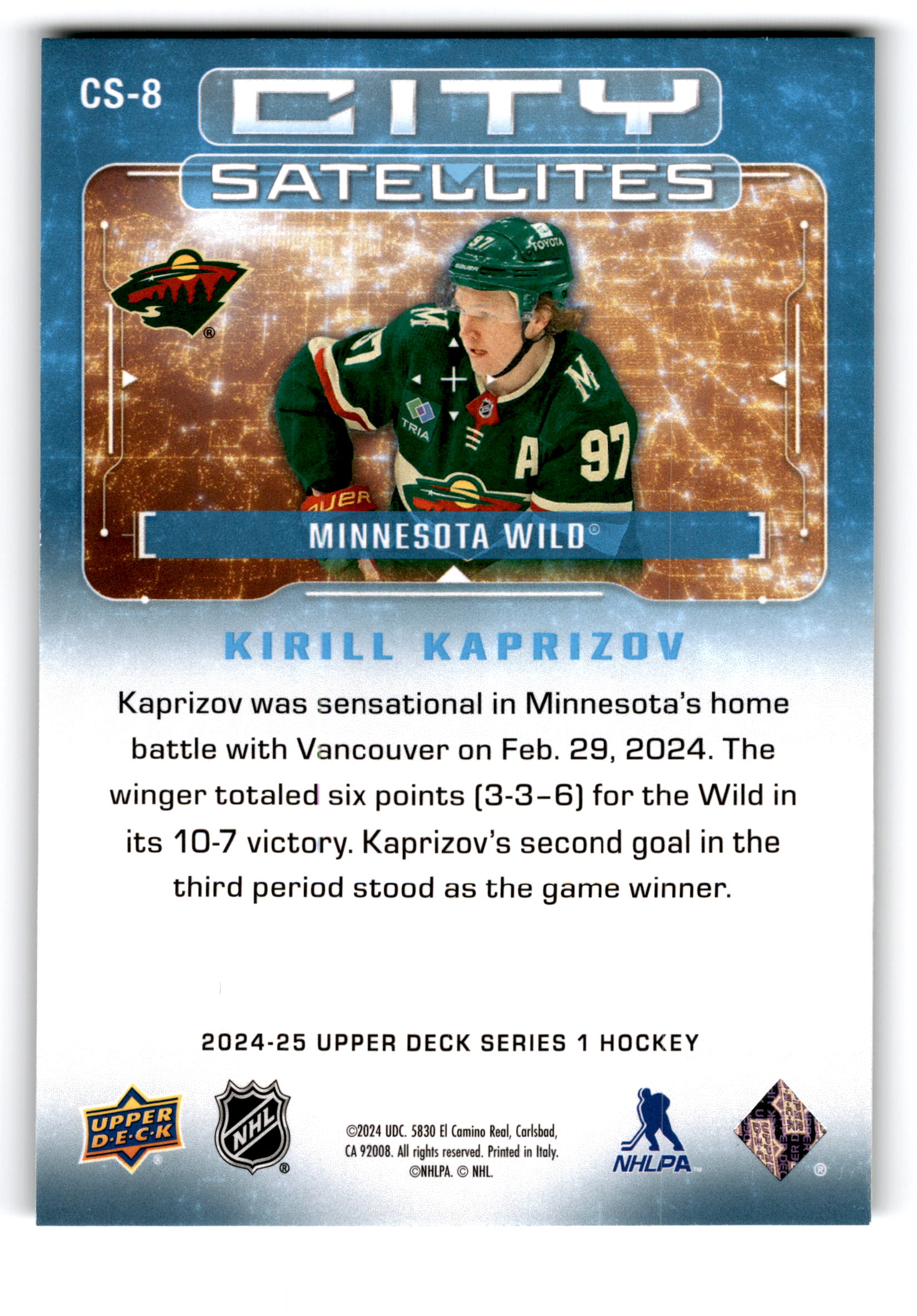 2024 Upper Deck Series 1 City Satellites Kirill Kaprizov #CS-8