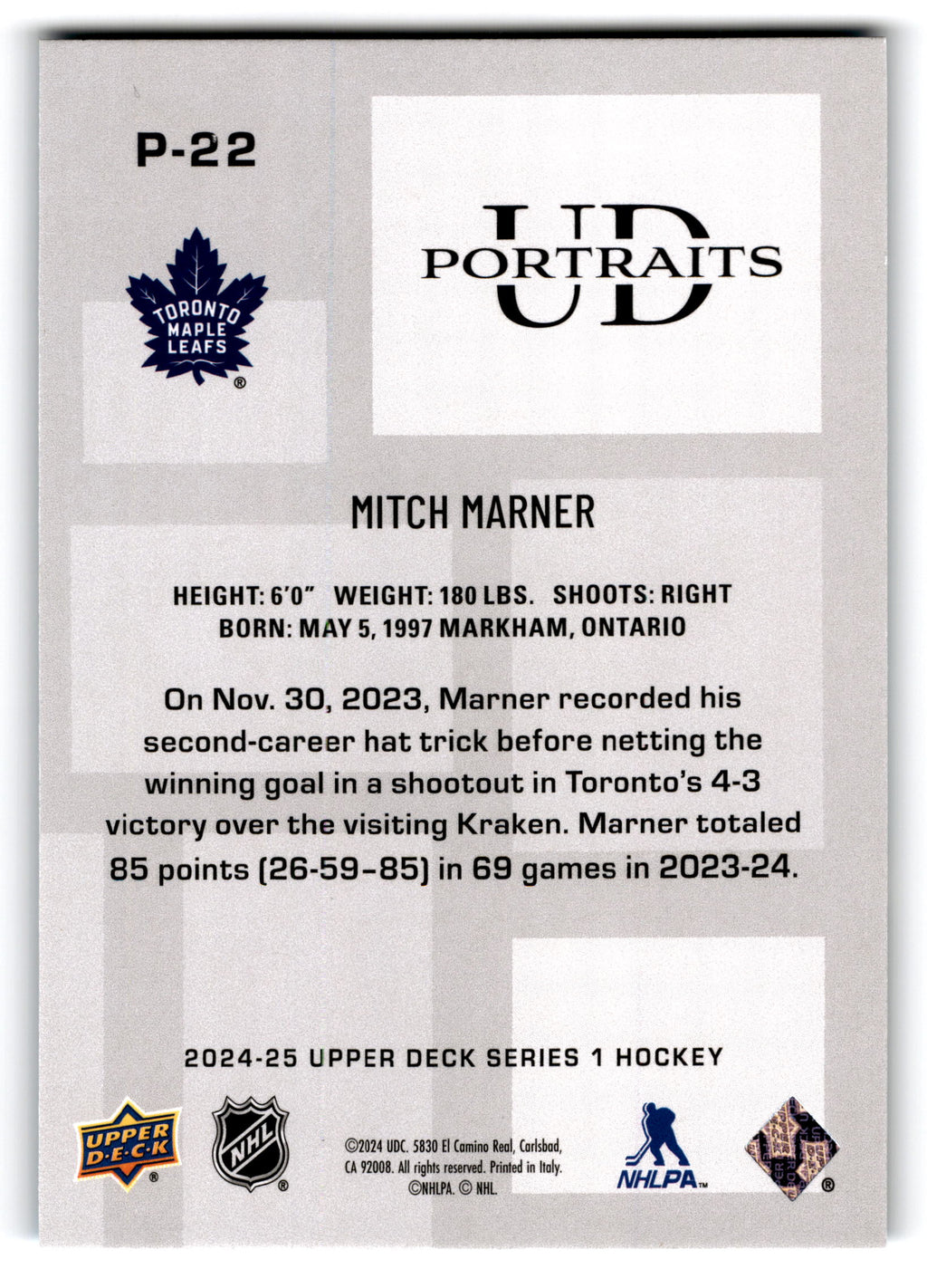 2024 Upper Deck Series 1 UD Portraits Mitch Marner #P-22