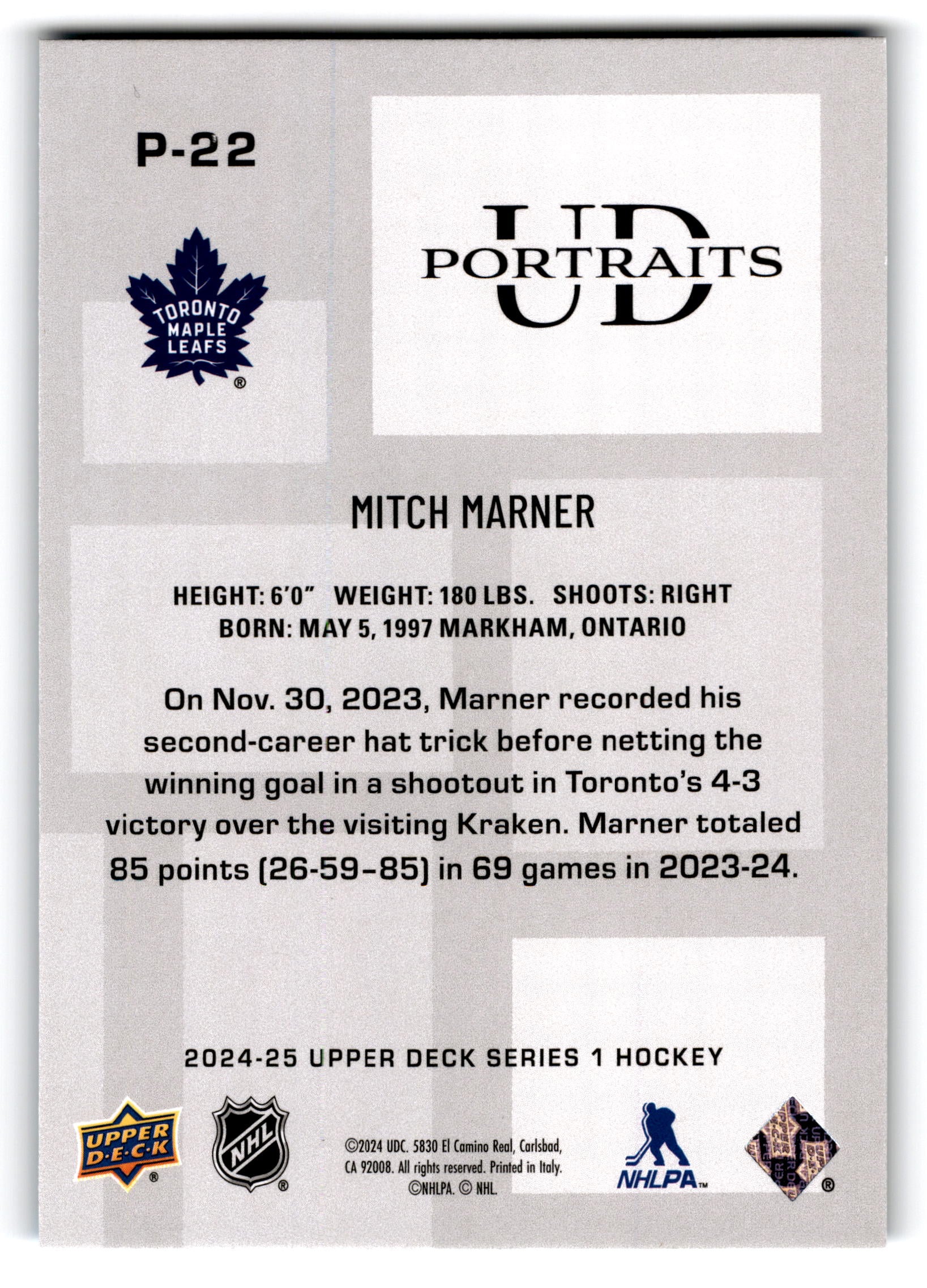 2024 Upper Deck Series 1 UD Portraits Mitch Marner #P-22