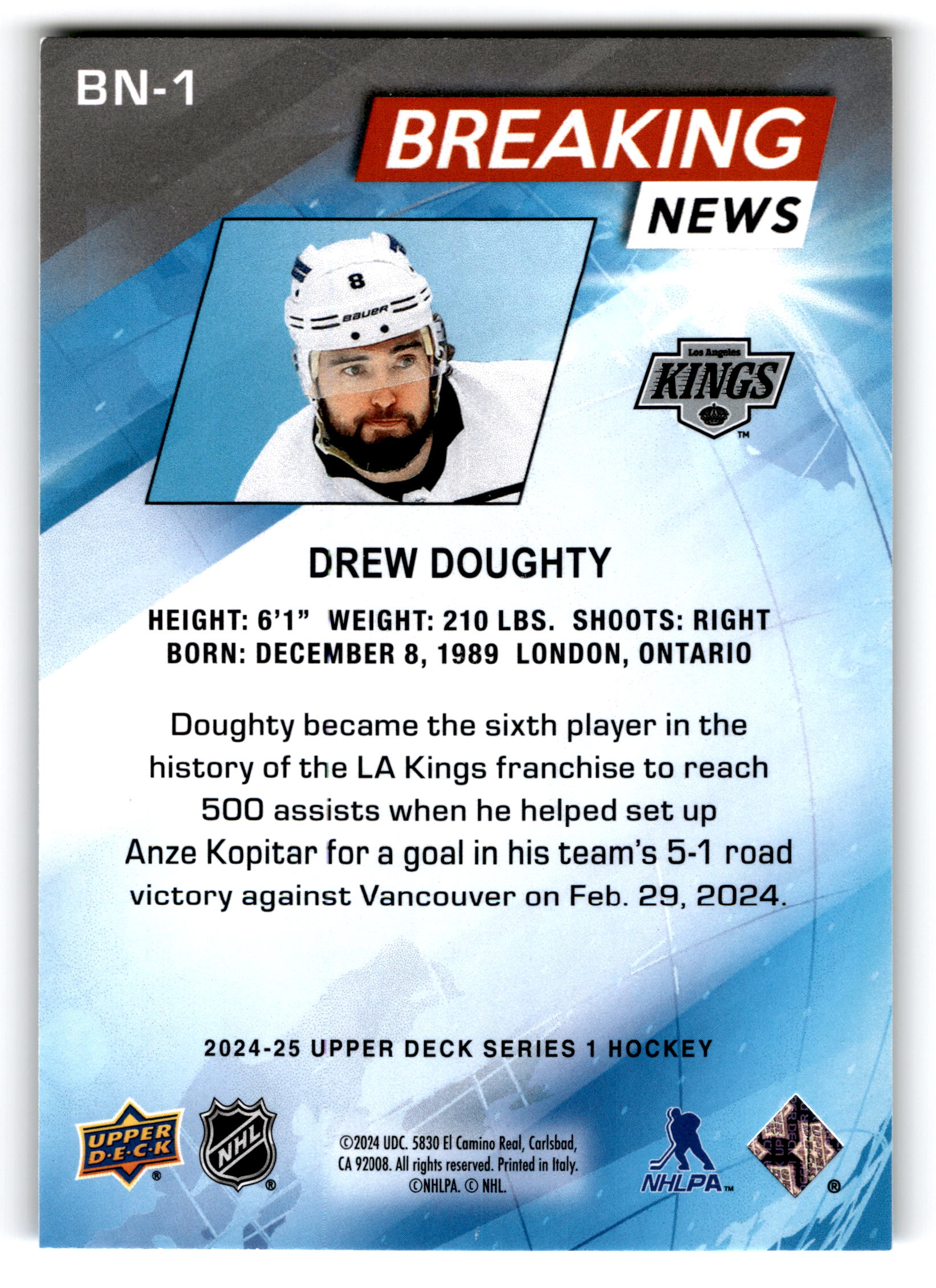 2024 Upper Deck Series 1 Breaking News Drew Doughty #BN-1