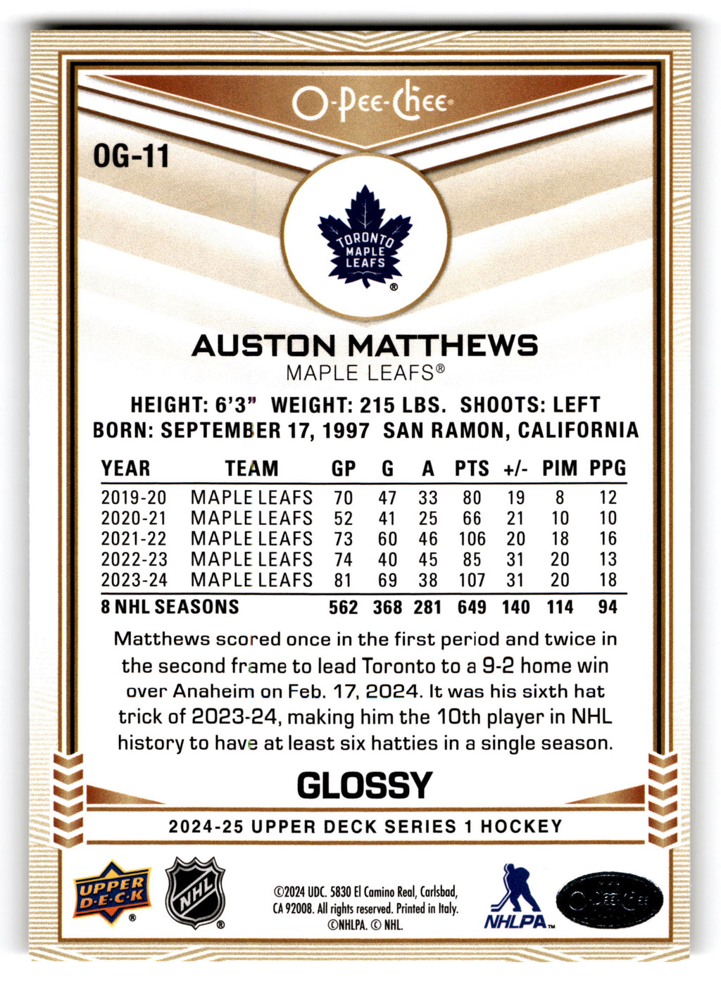 2023 O-Pee-Chee Glossy Auston Matthews #OG-11