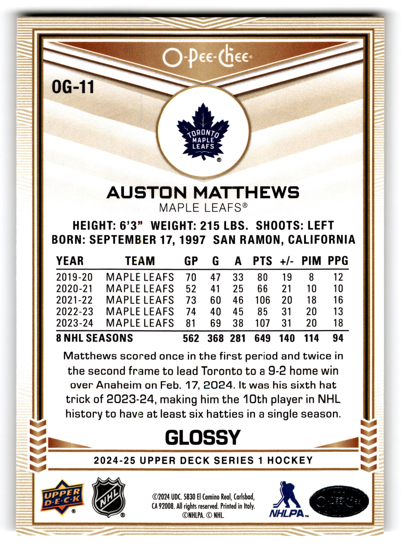 2023 O-Pee-Chee Glossy Auston Matthews #OG-11