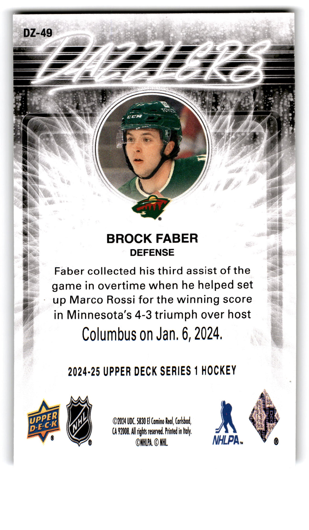 2024 Upper Deck Series 1 Dazzlers Brock Faber #DZ-49