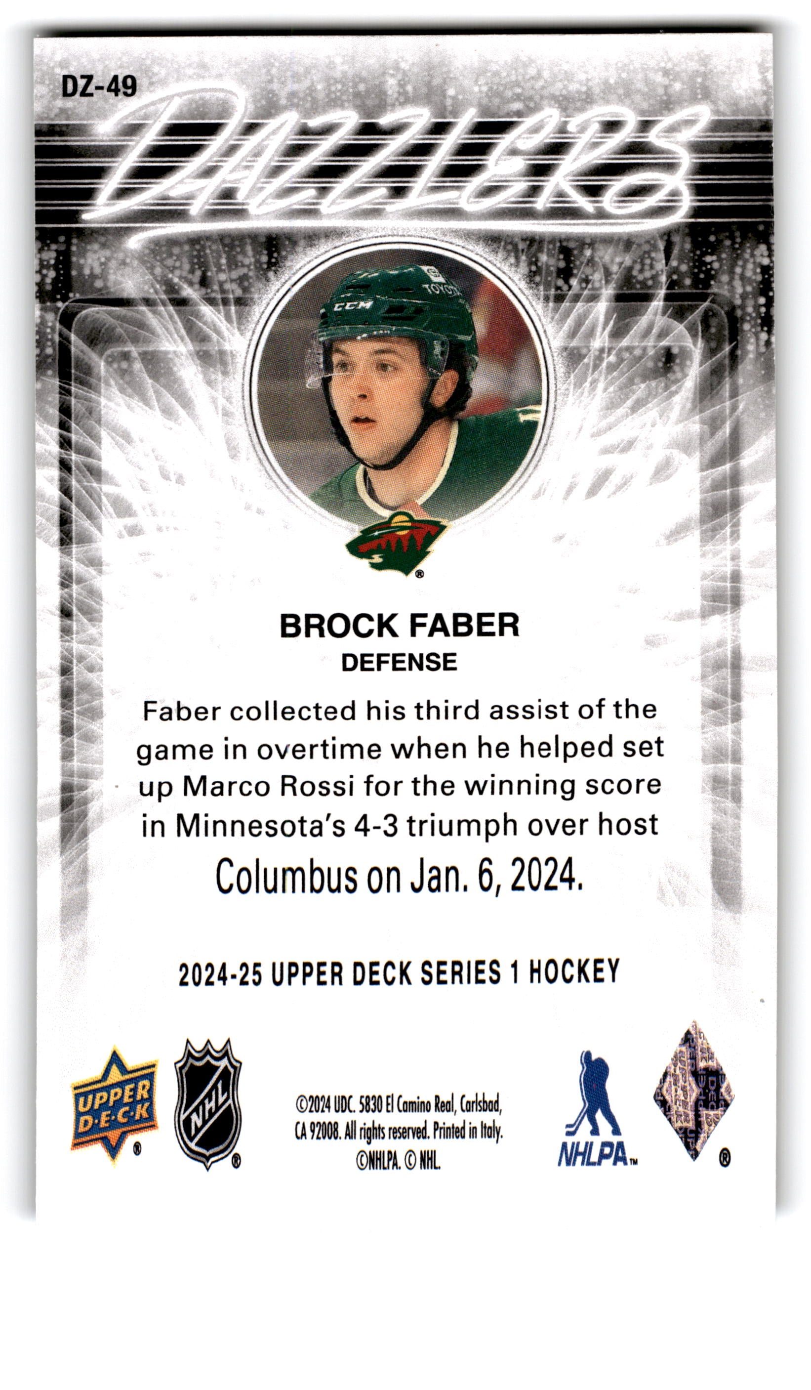 2024 Upper Deck Series 1 Dazzlers Brock Faber #DZ-49