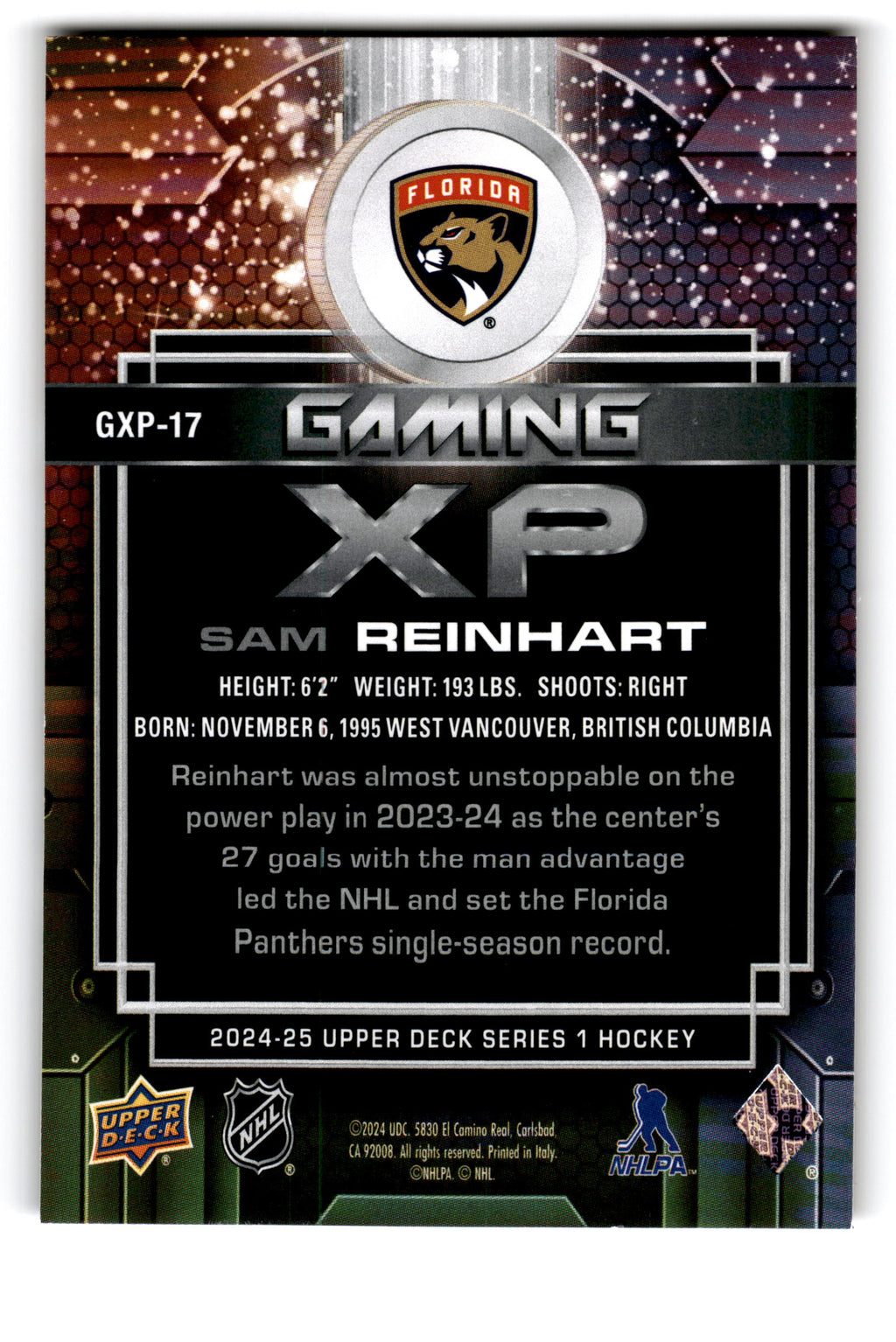 2024 Upper Deck Series 1 Gaming XP Sam Reinhart #GXP-17