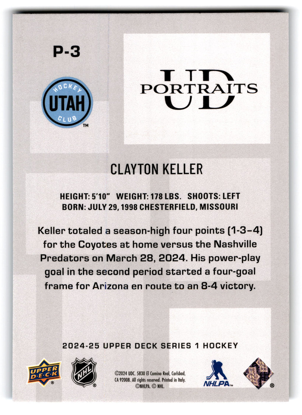 2024 Upper Deck Series 1 UD Portraits Clayton Keller #P-3