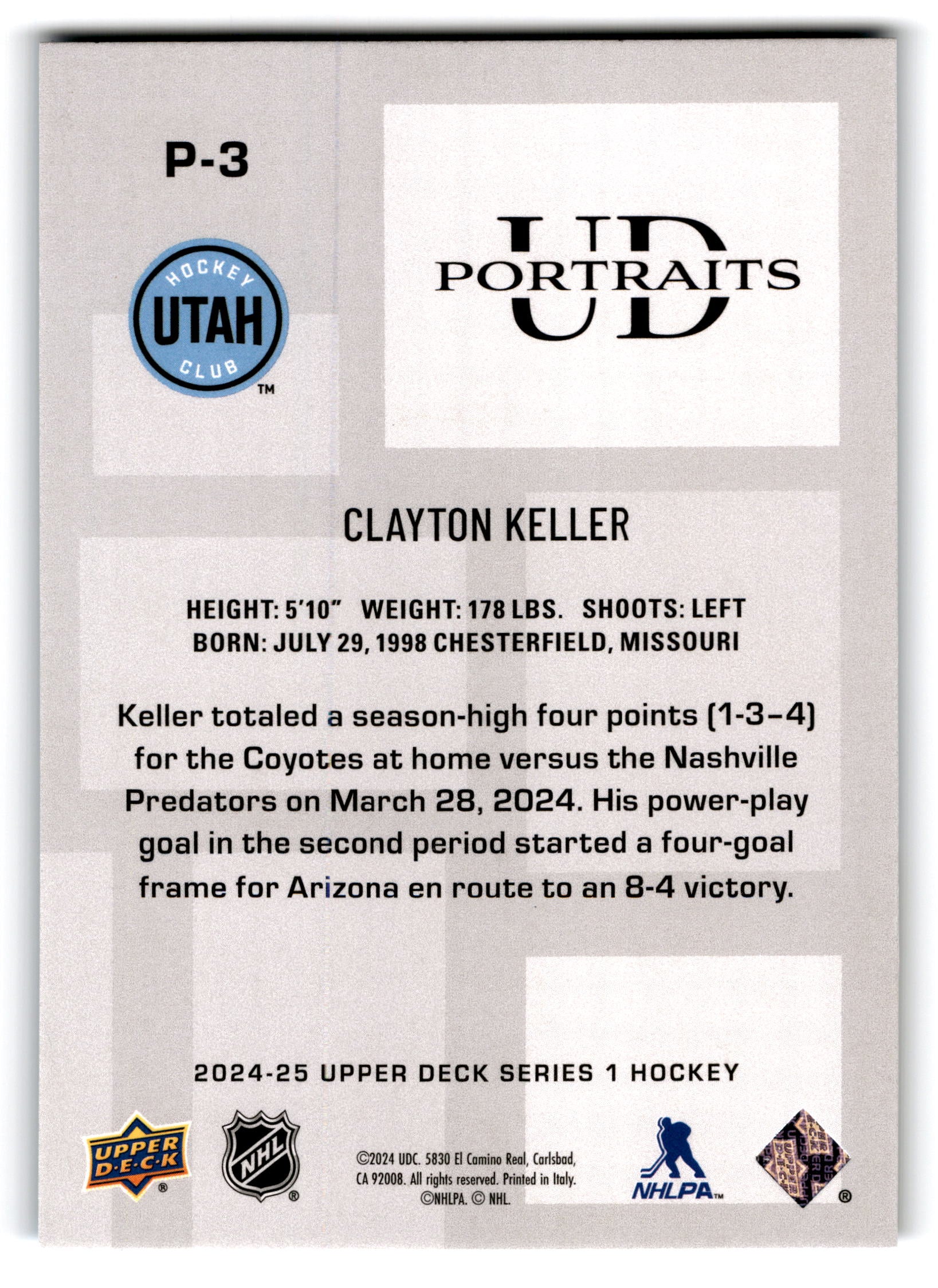 2024 Upper Deck Series 1 UD Portraits Clayton Keller #P-3