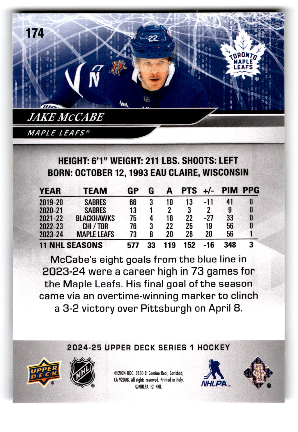 2023 Upper Deck Series 1 Hockey Jake McCabe #174