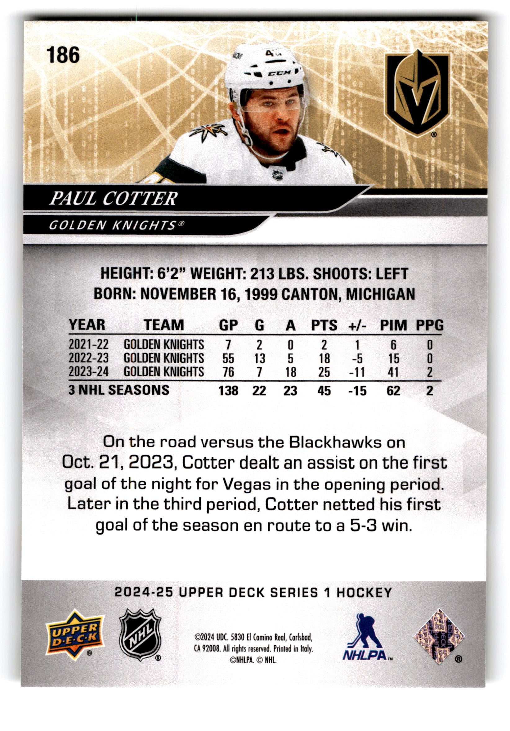 2023 Upper Deck Series 1 Hockey Paul Cotter #186