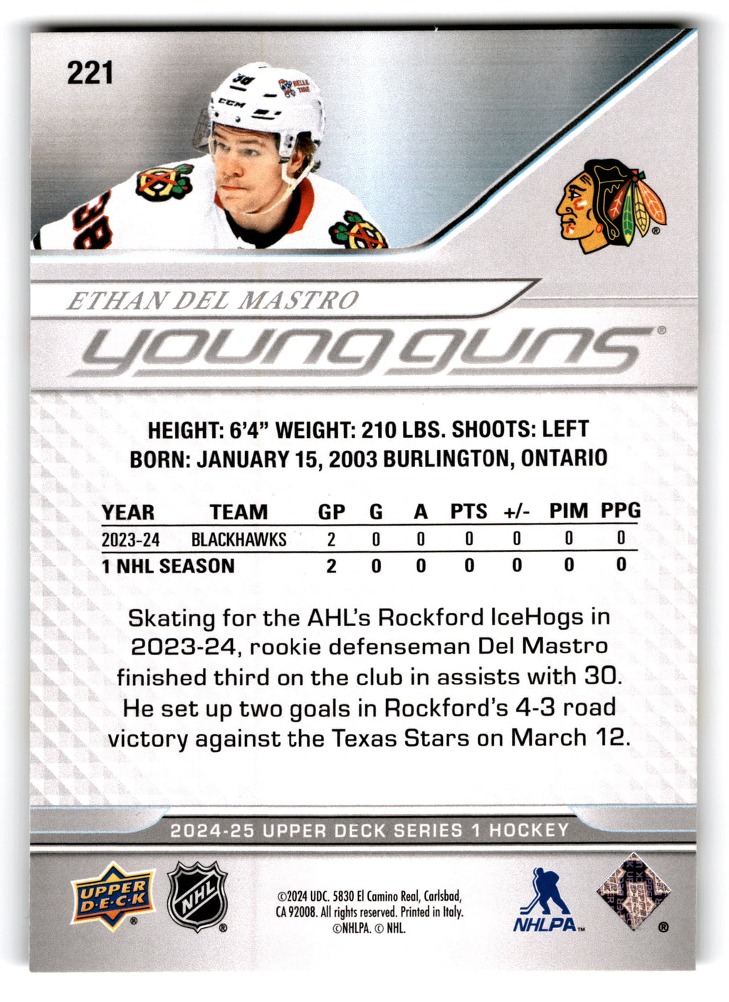 2024 Upper Deck Series 1 Young Guns Ethan Del Mastro #221