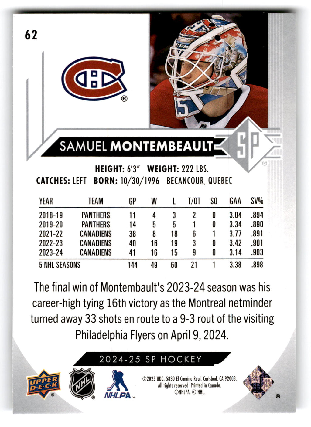 2023 Upper Deck SP Hockey Samuel Montembeault #62