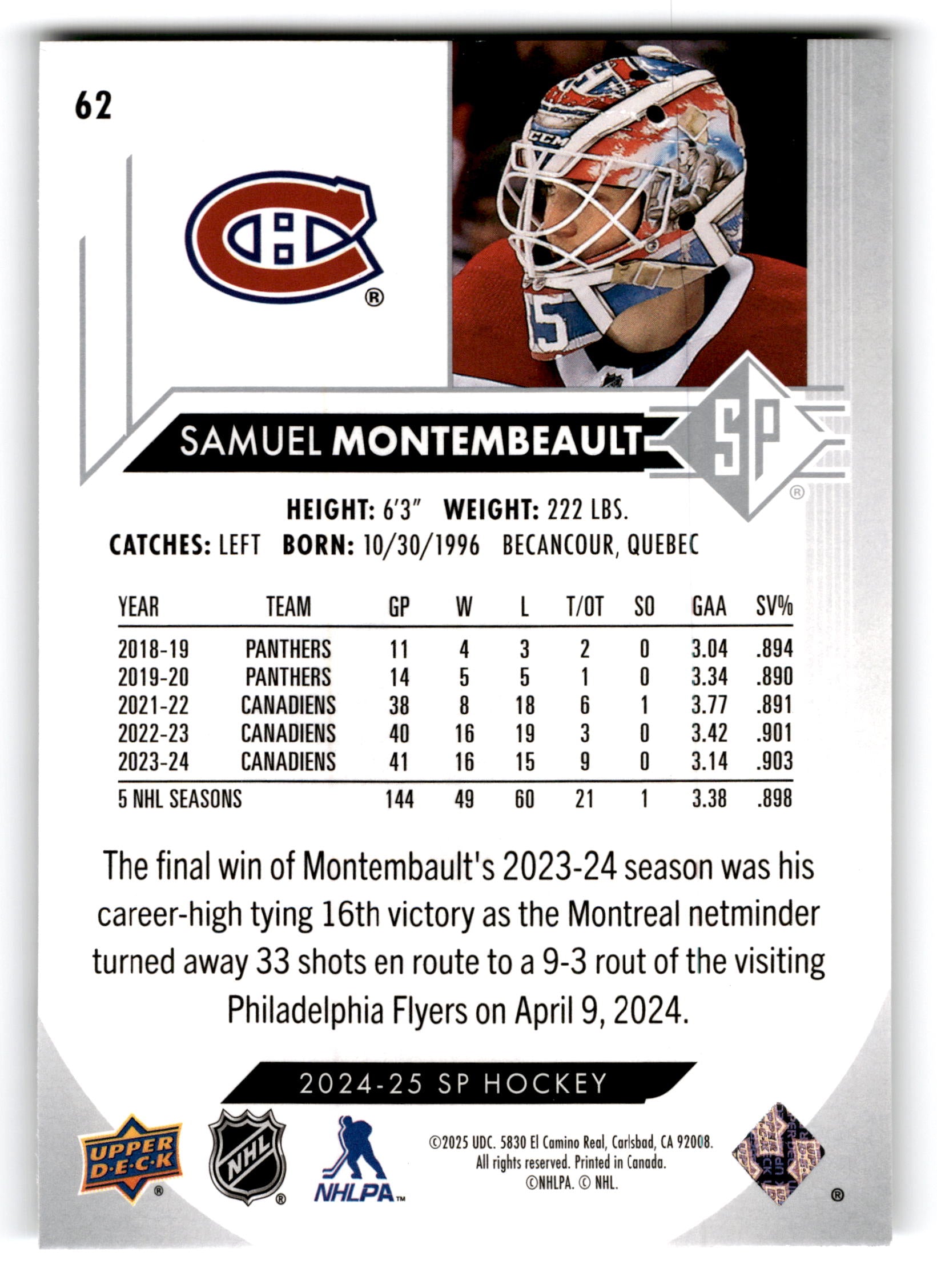 2023 Upper Deck SP Hockey Samuel Montembeault #62