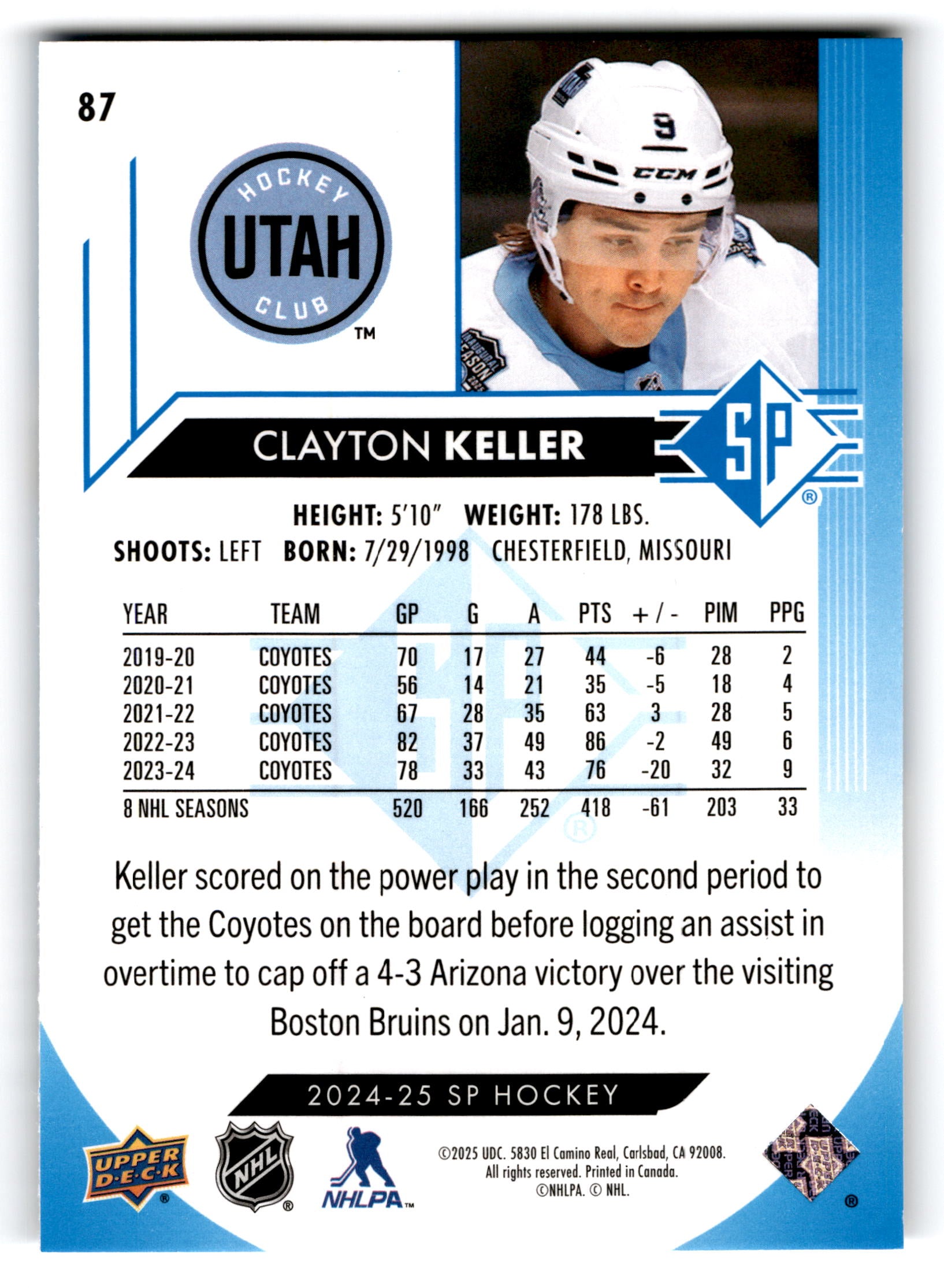 2023 Upper Deck SP Hockey Clayton Keller #87