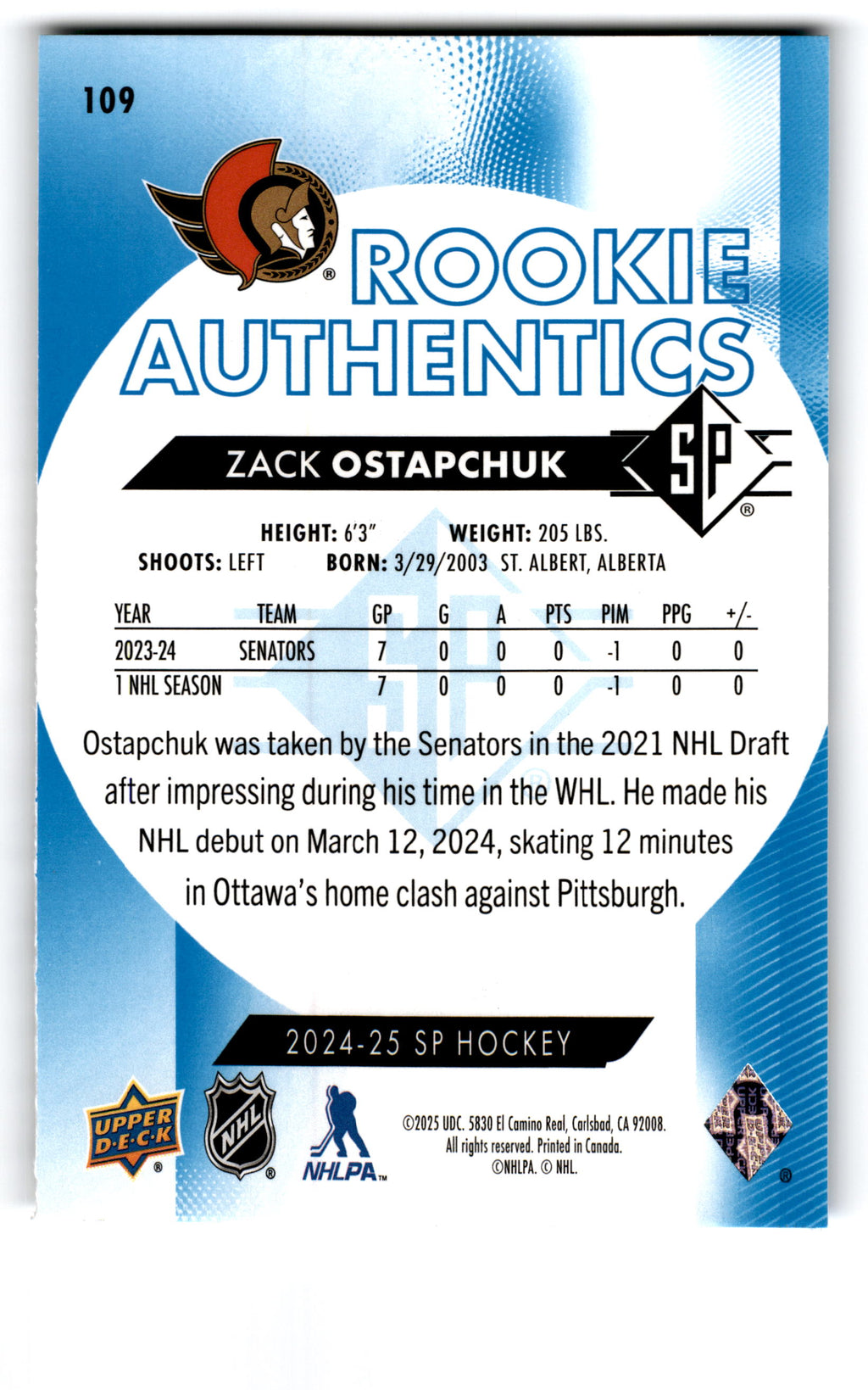 2024 Upper Deck SP Rookie Authentics Zack Ostapchuk #109