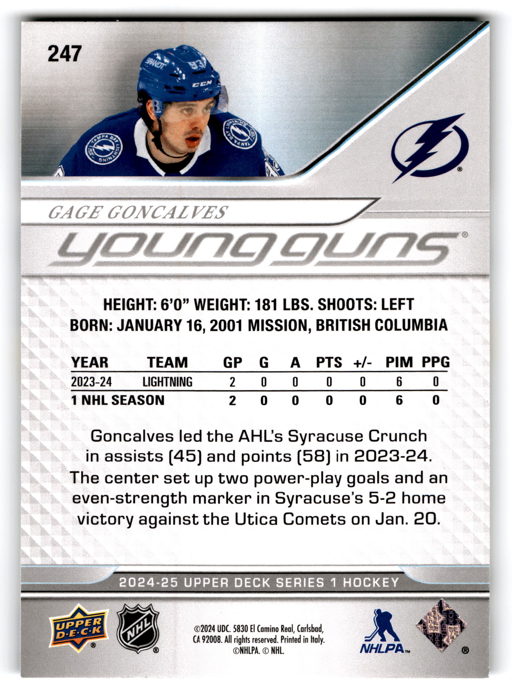 2024 Upper Deck Series 1 Young Guns Gage Goncalves #247