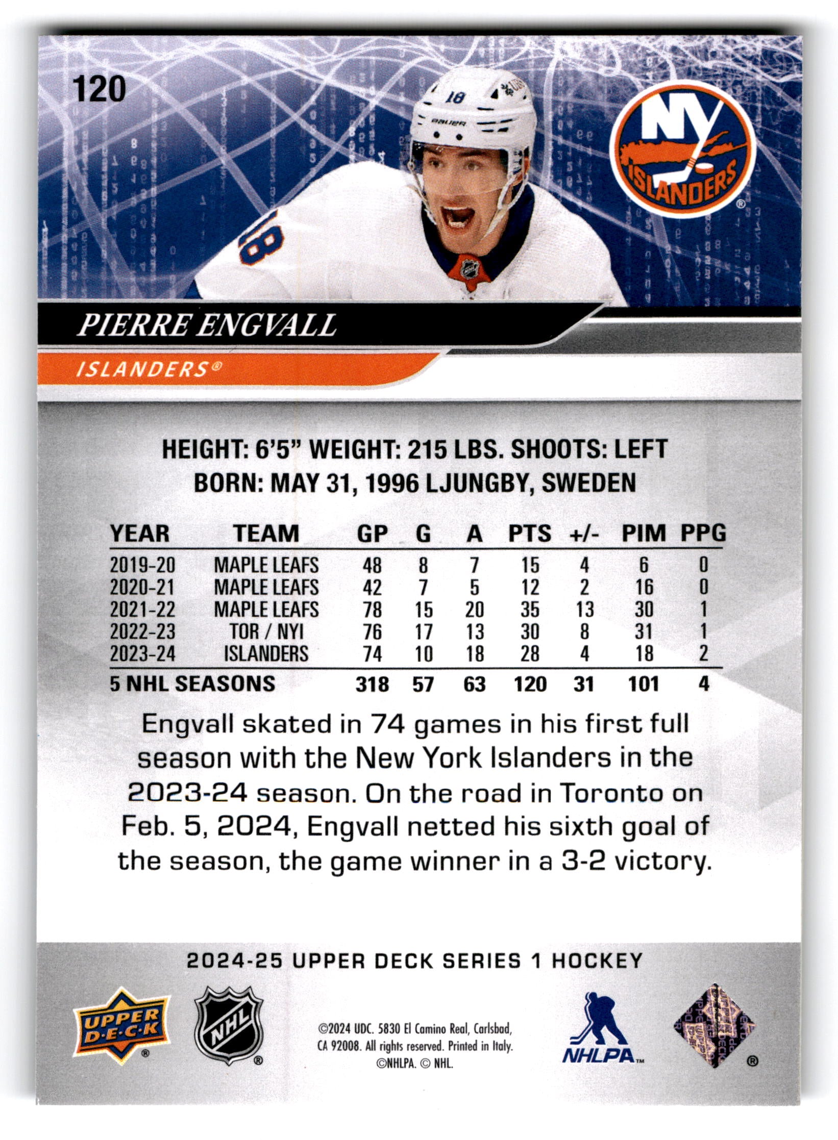 2023 Upper Deck Series 1 Hockey Pierre Engvall #120