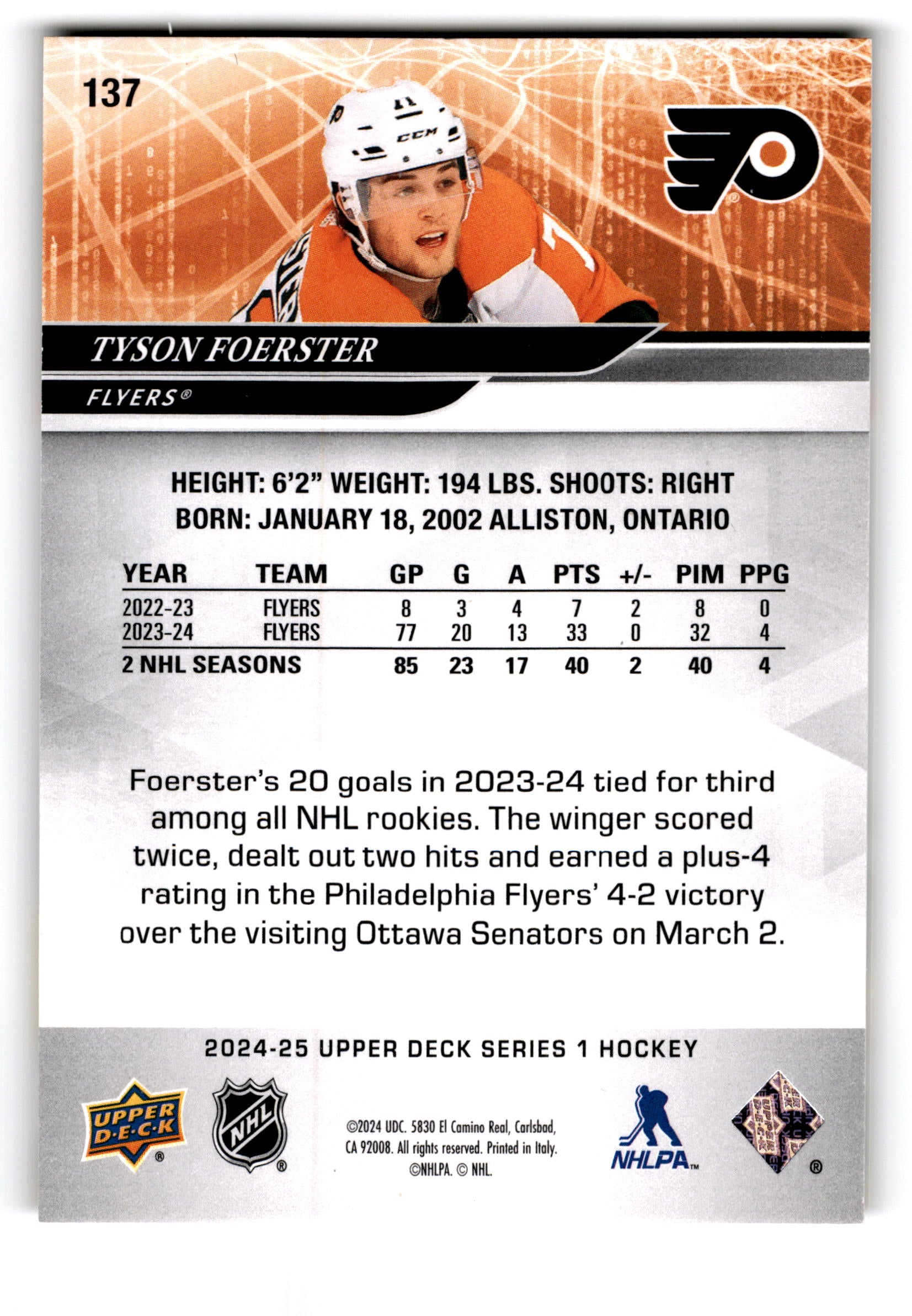2024 Upper Deck Series 1 Tyson Foerster #137