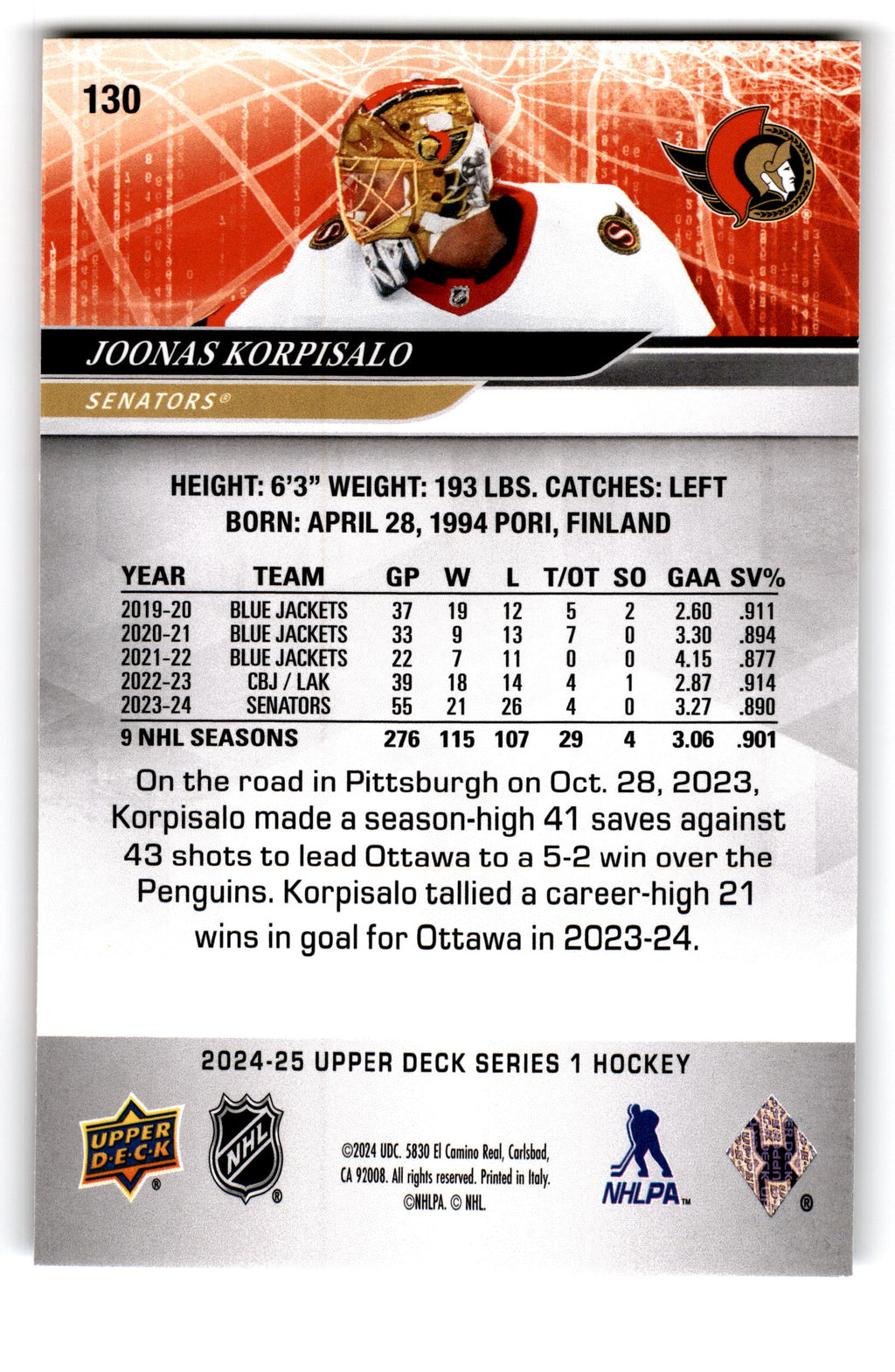 2023 Upper Deck Series 1 Hockey Joonas Korpisalo #130