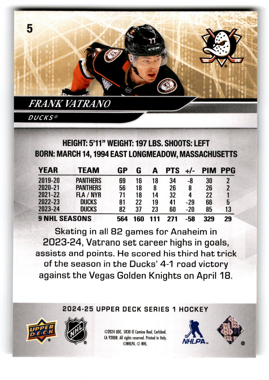 2023 Upper Deck Series 1 Hockey Frank Vatrano #5