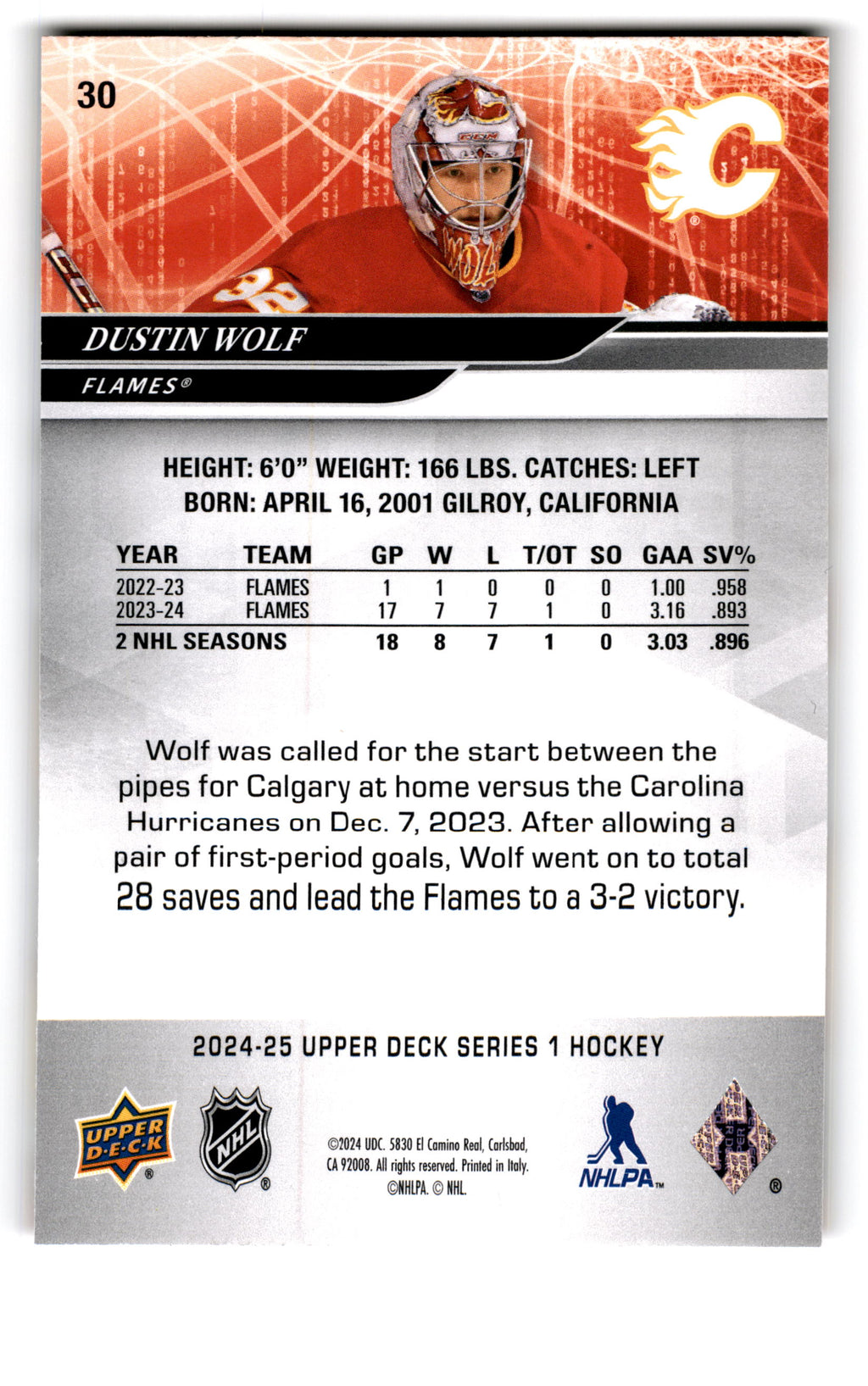2023 Upper Deck Series 1 Hockey Dustin Wolf #30 1/2