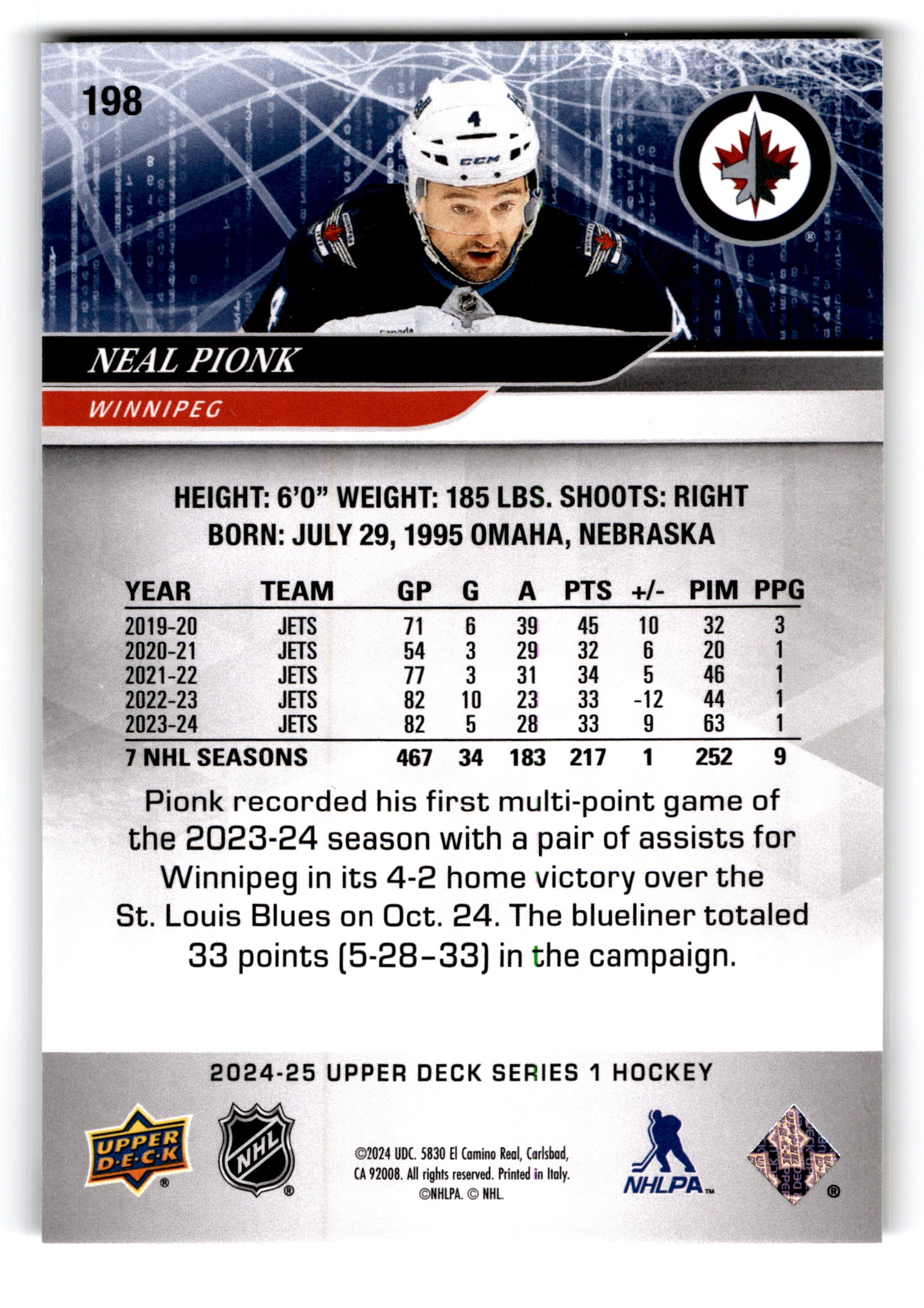 2023 Upper Deck Series 1 Hockey Neal Pionk #198
