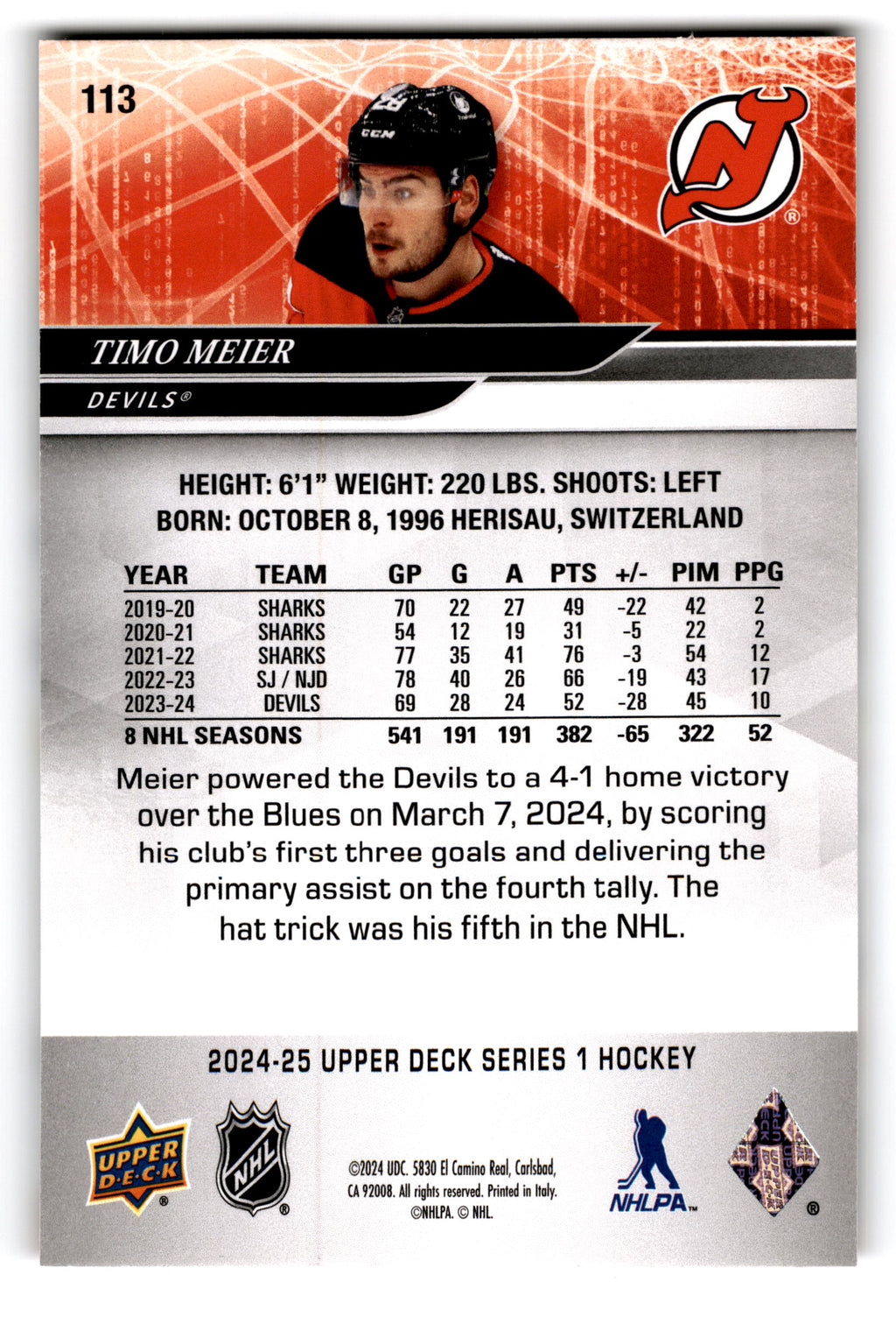 2023 Upper Deck Series 1 Hockey Timo Meier #113