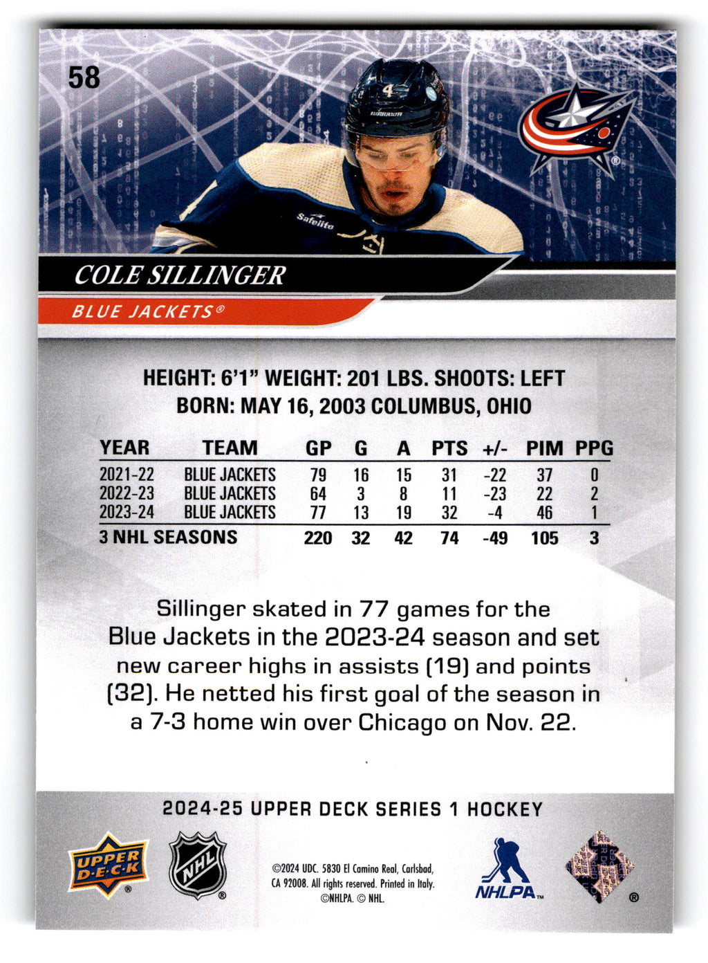 2023 Upper Deck Series 1 Hockey Cole Sillinger #58