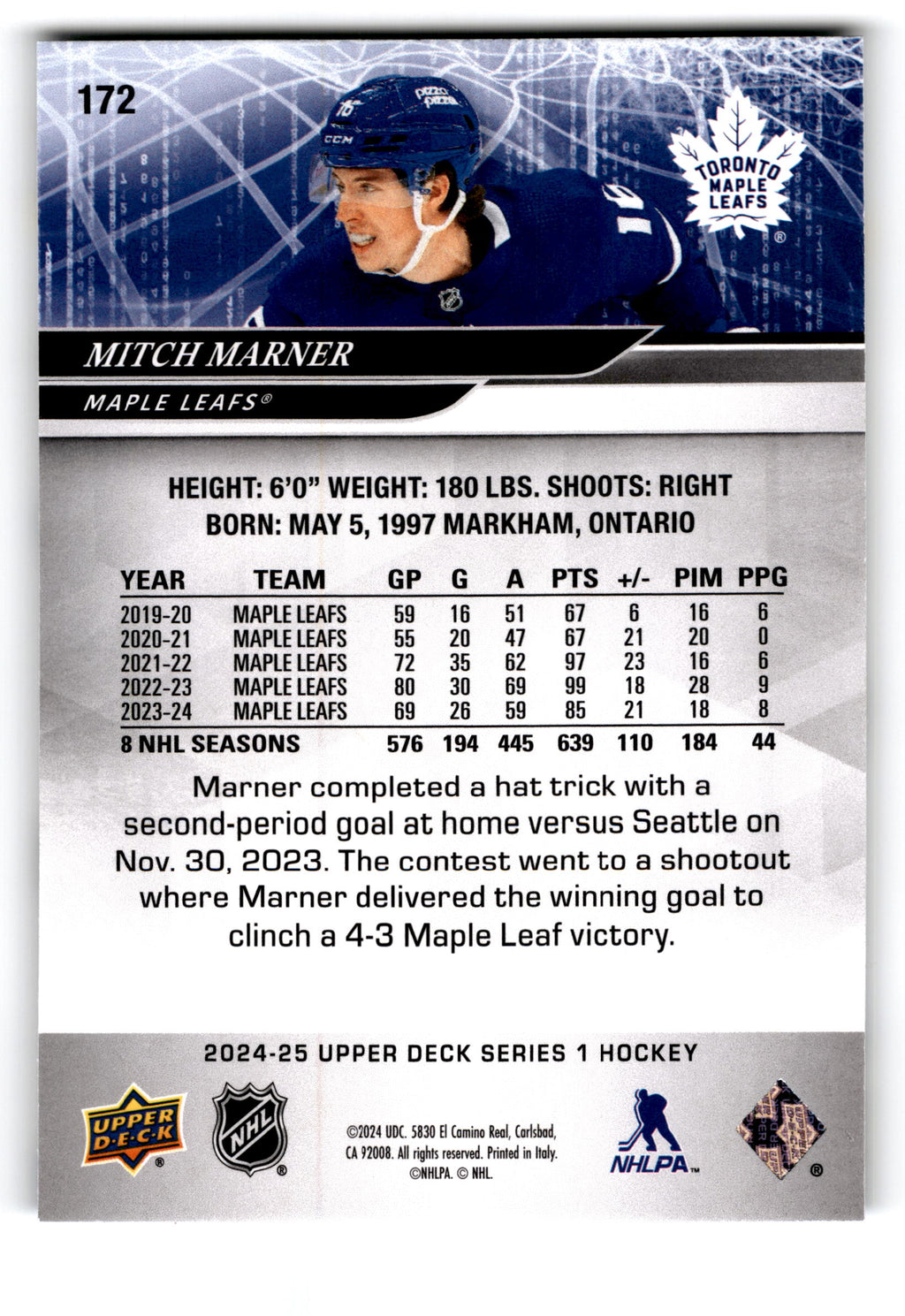 2023 Upper Deck Series 1 Hockey Mitch Marner #172