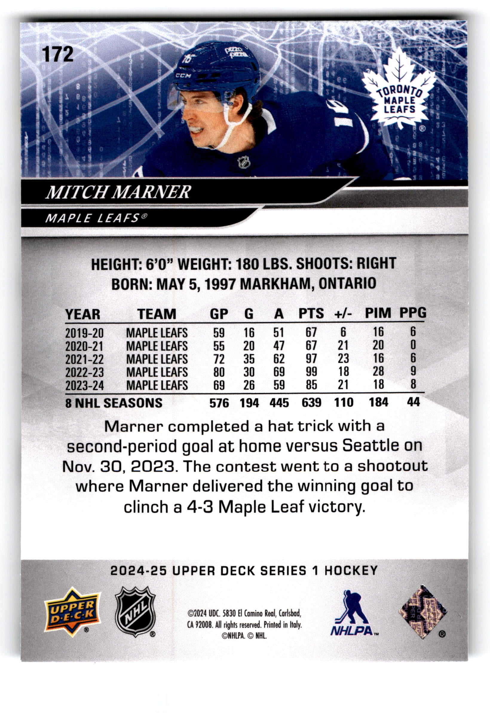 2023 Upper Deck Series 1 Hockey Mitch Marner #172