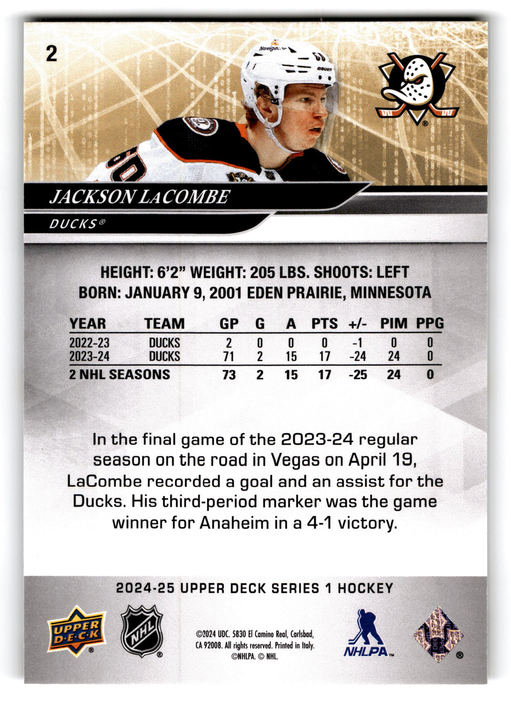 2024 Upper Deck Series 1 Hockey Jackson LaCombe #2