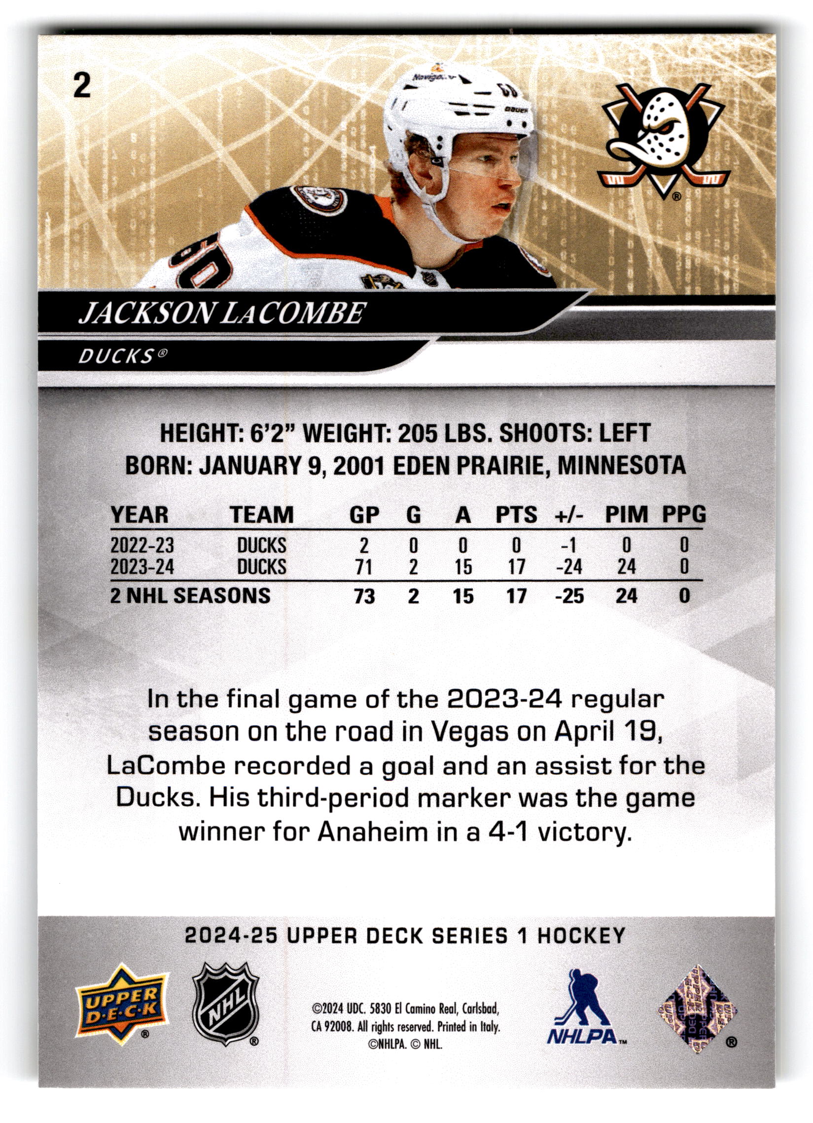 2024 Upper Deck Series 1 Hockey Jackson LaCombe #2