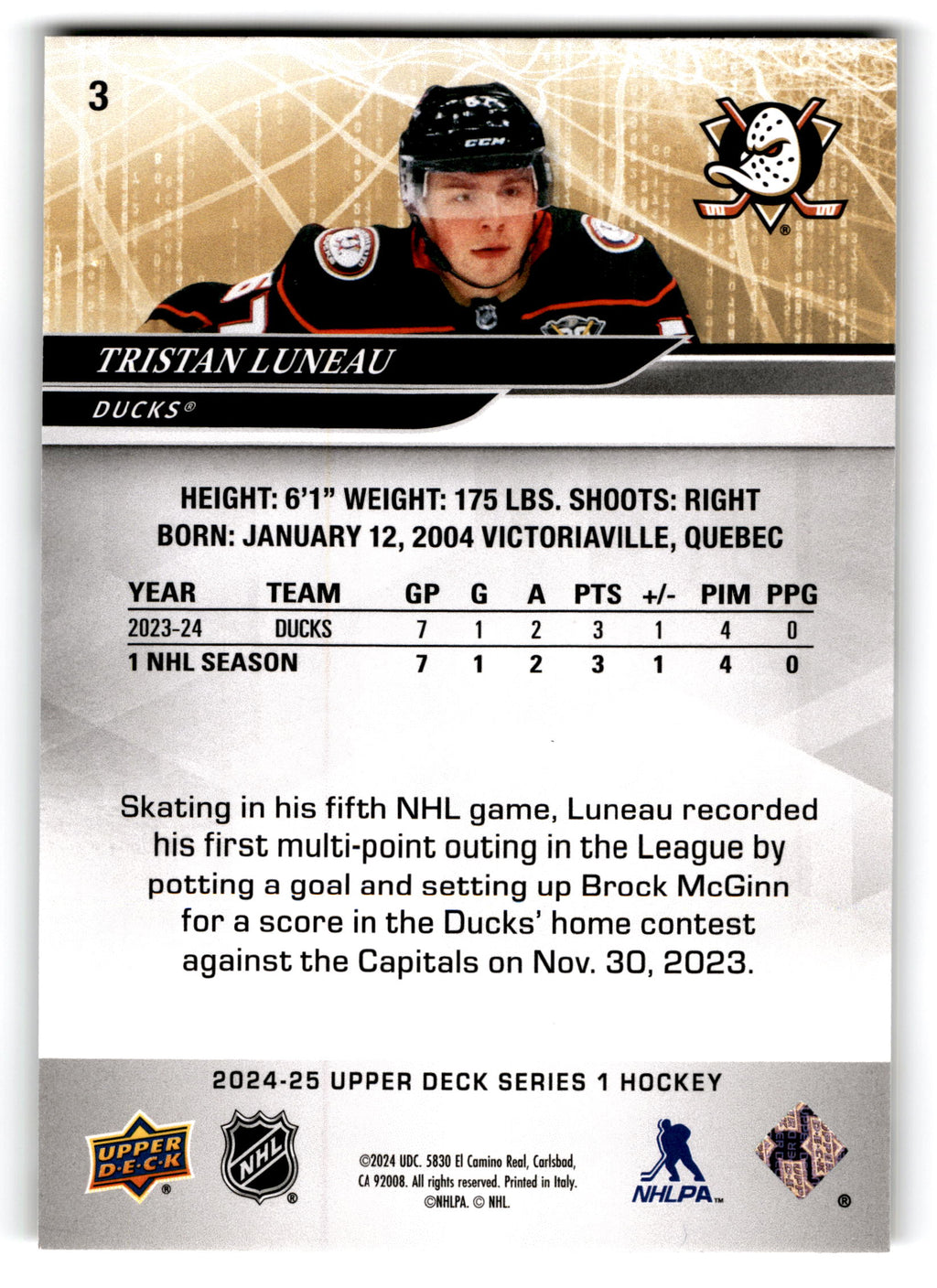 2024 Upper Deck Series 1 Hockey Tristan Luneau #3
