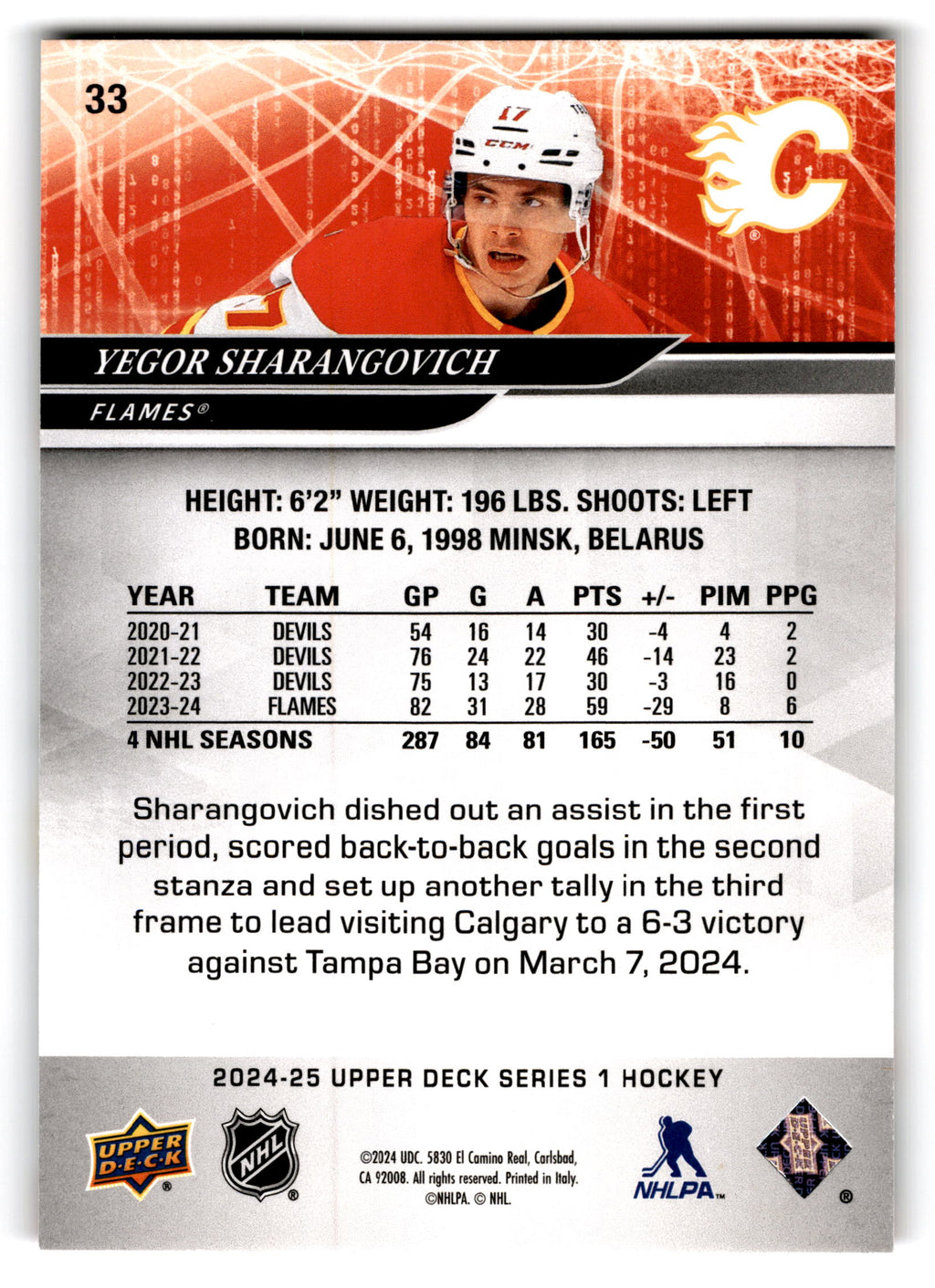 2023 Upper Deck Series 1 Hockey Yegor Sharangovich #33