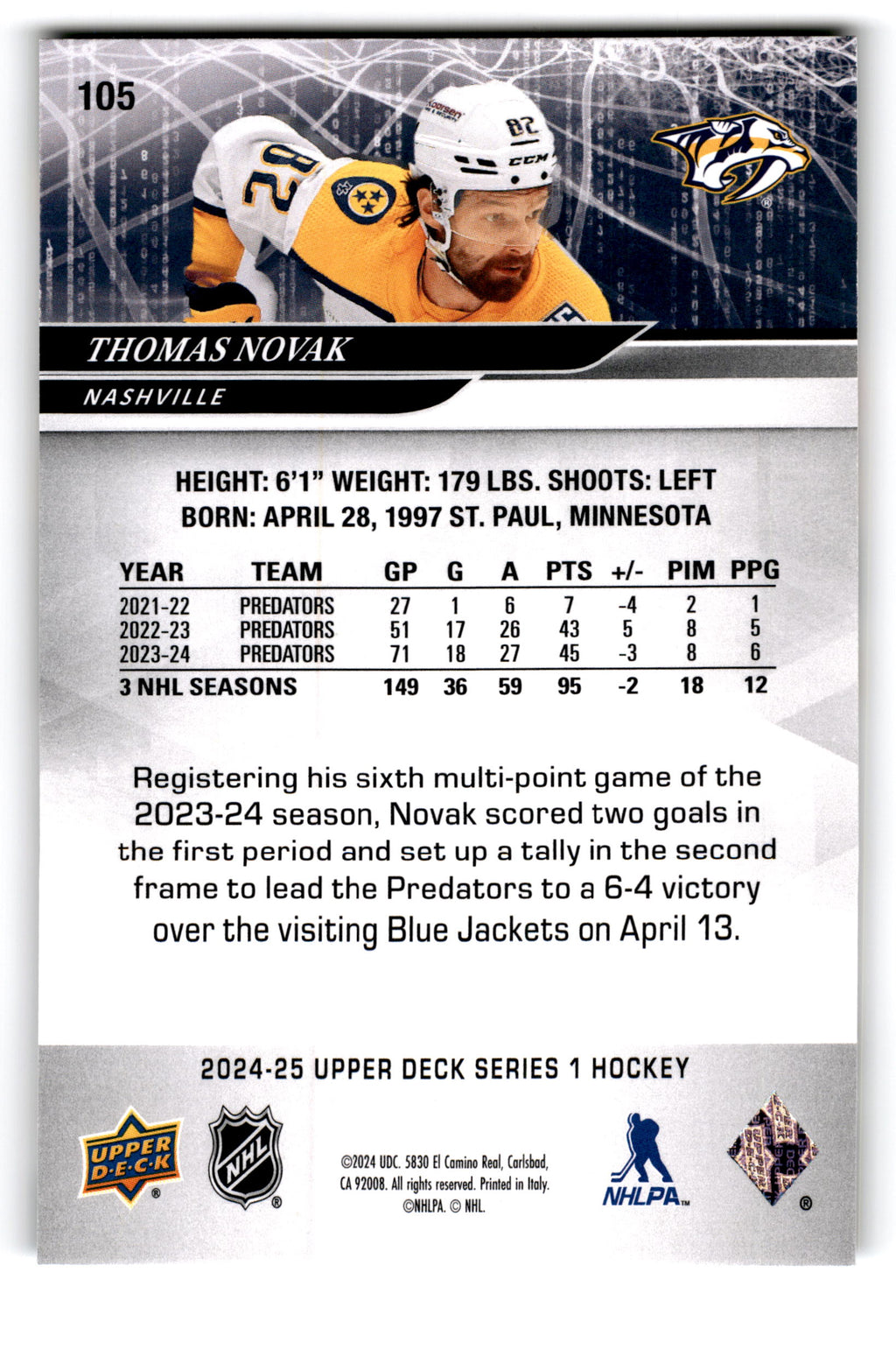 2023 Upper Deck Series 1 Hockey Thomas Novak #105