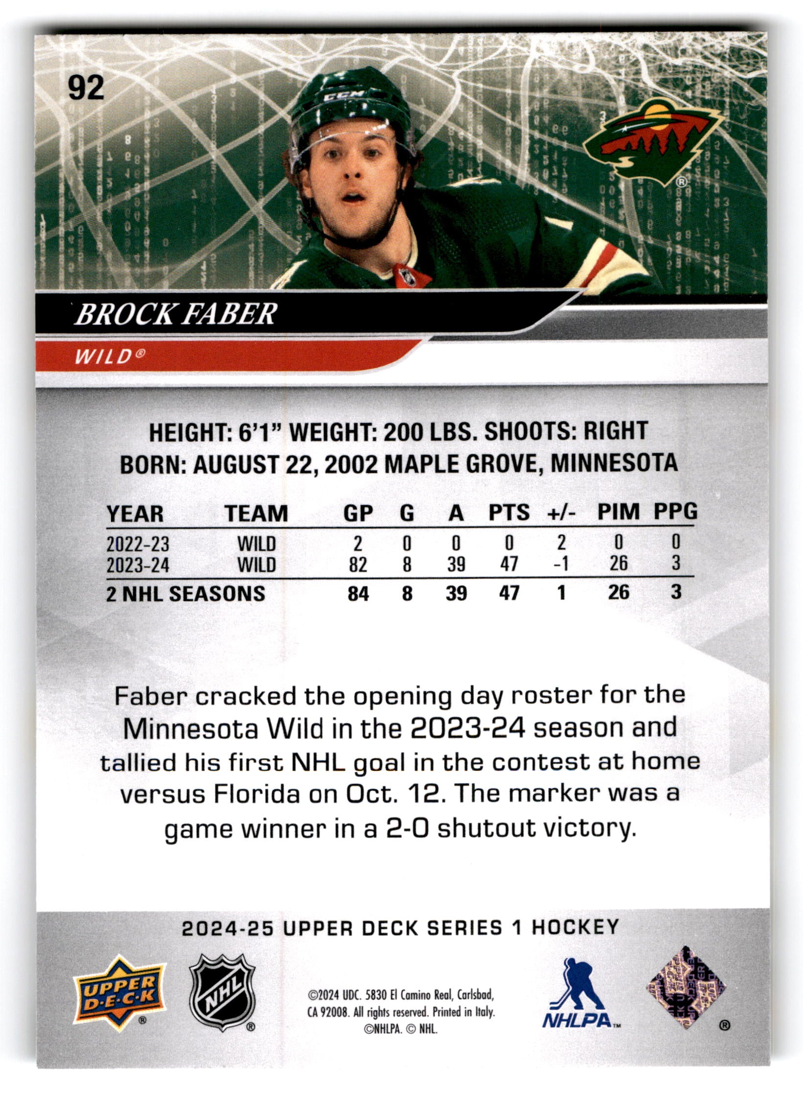 2024 Upper Deck Series 1 Hockey Brock Faber #92