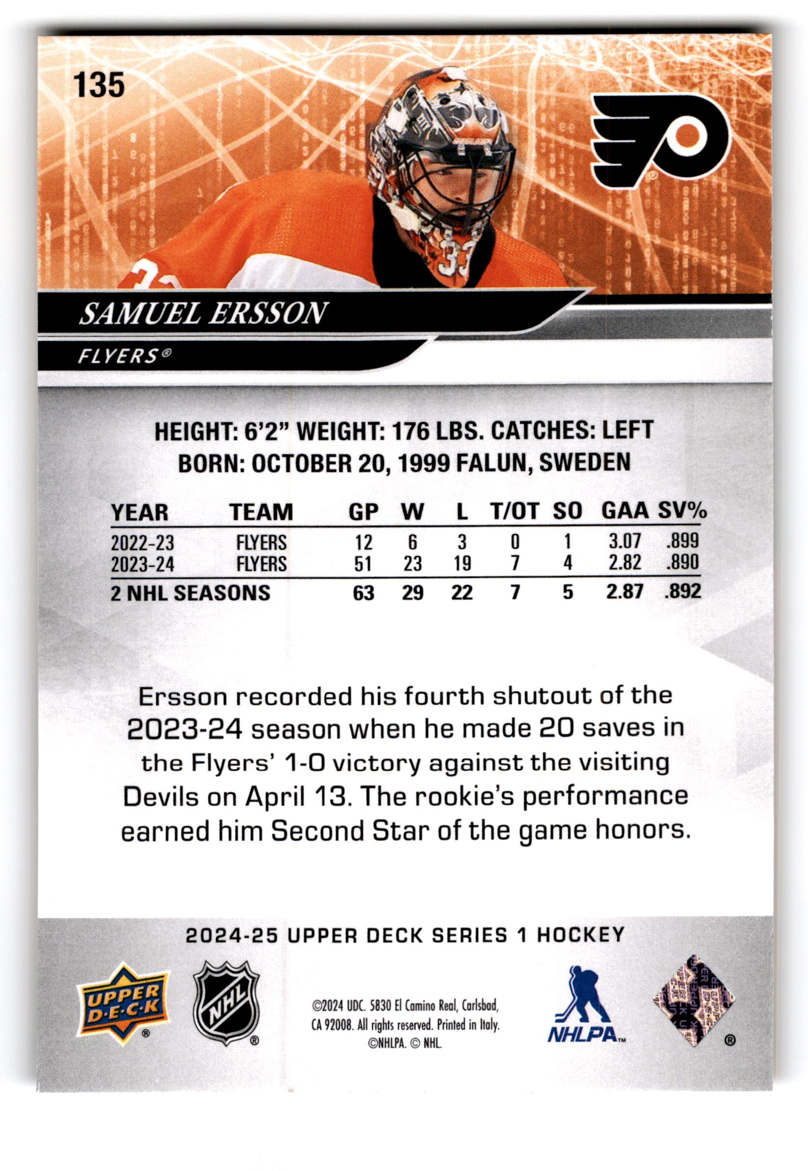 2024 Upper Deck Series 1 Hockey Samuel Ersson #135