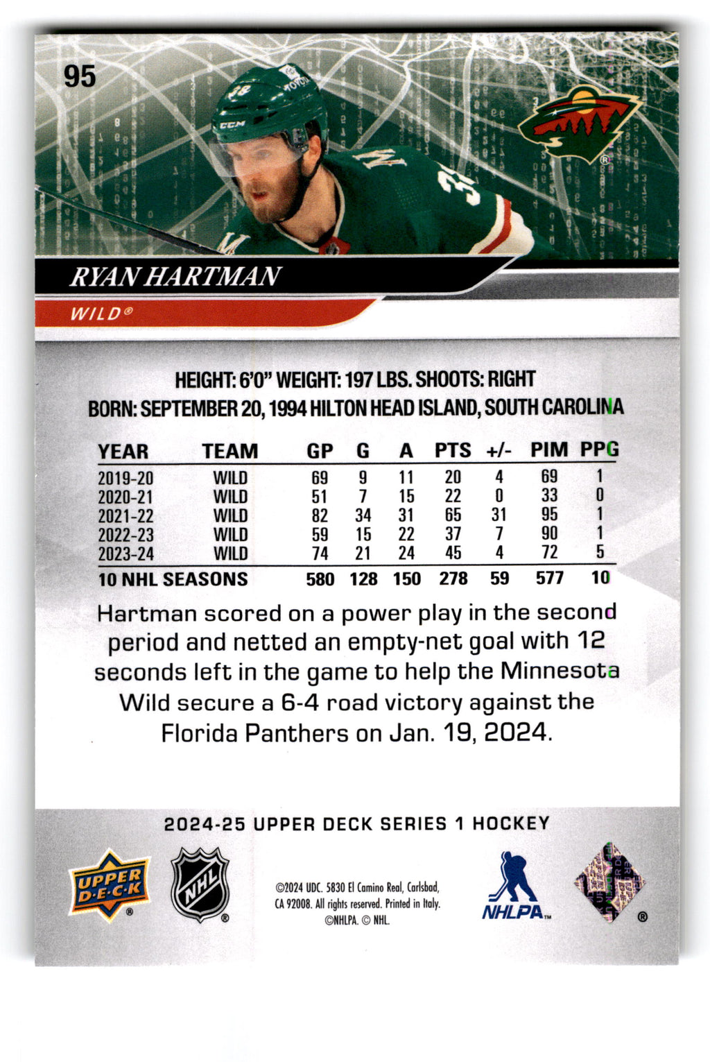 2023 Upper Deck Series 1 Hockey Ryan Hartman #95