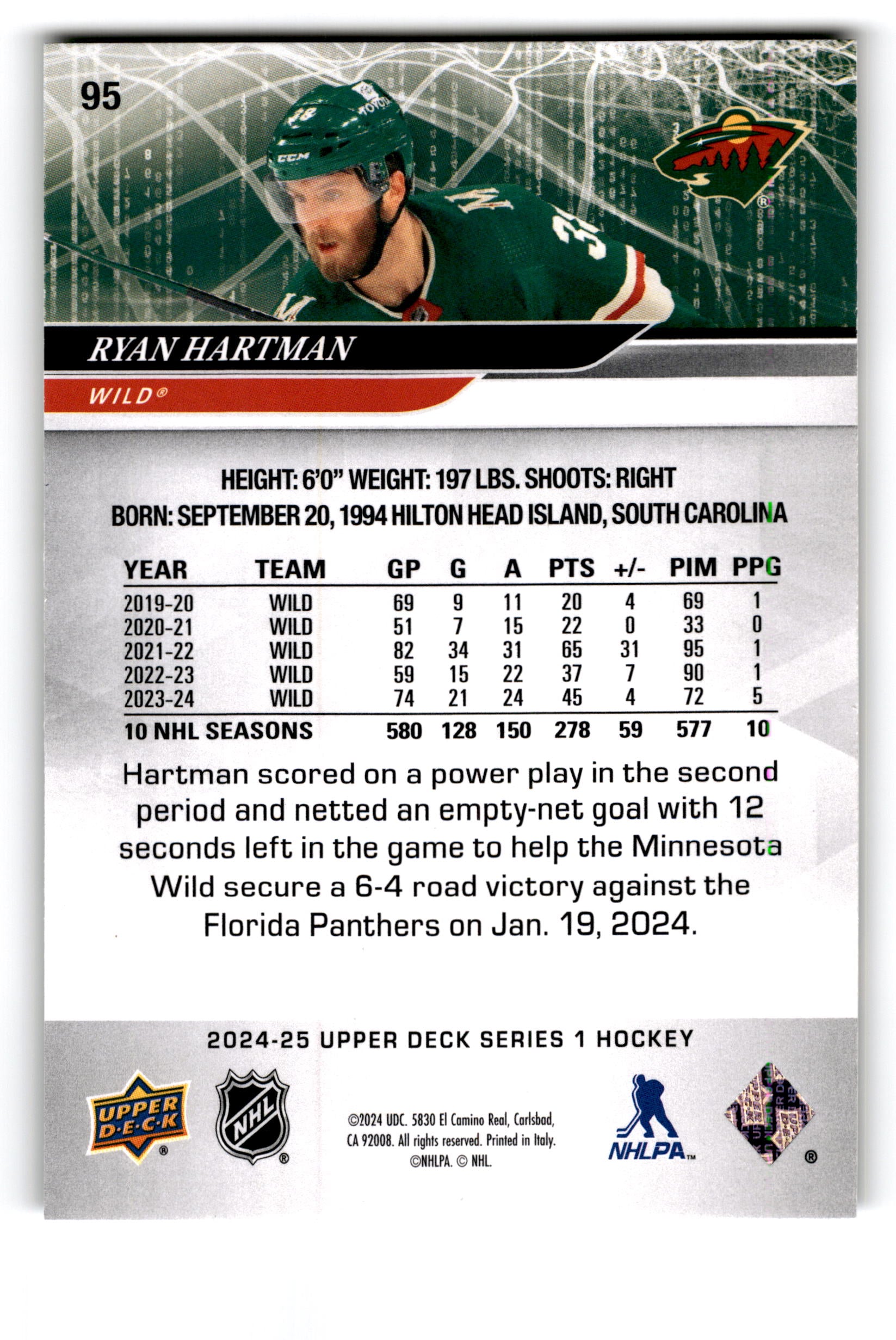 2023 Upper Deck Series 1 Hockey Ryan Hartman #95