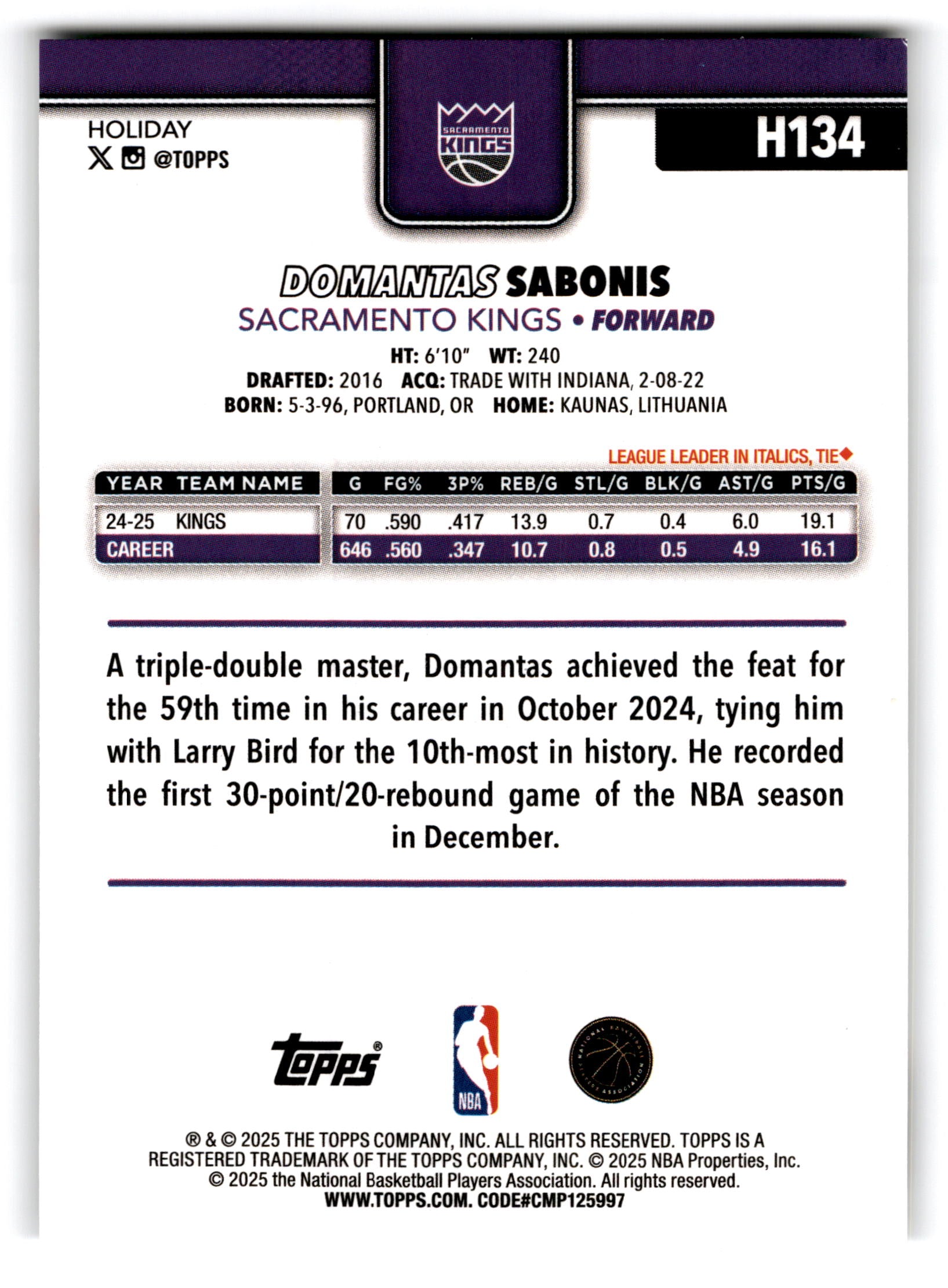 2025 Topps Holiday Domantas Sabonis #H134