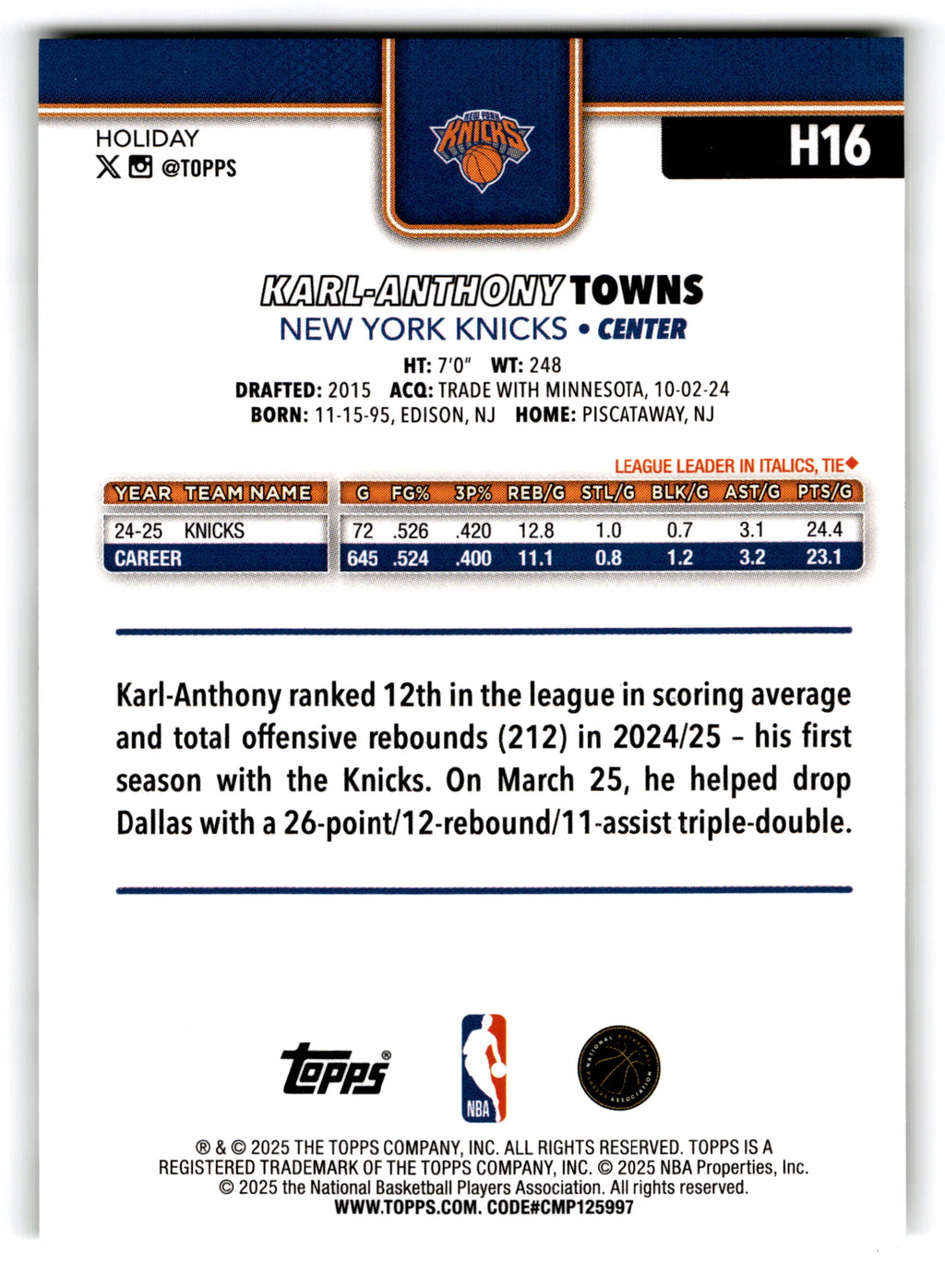 2025 Topps Holiday Karl-Anthony Towns #H16