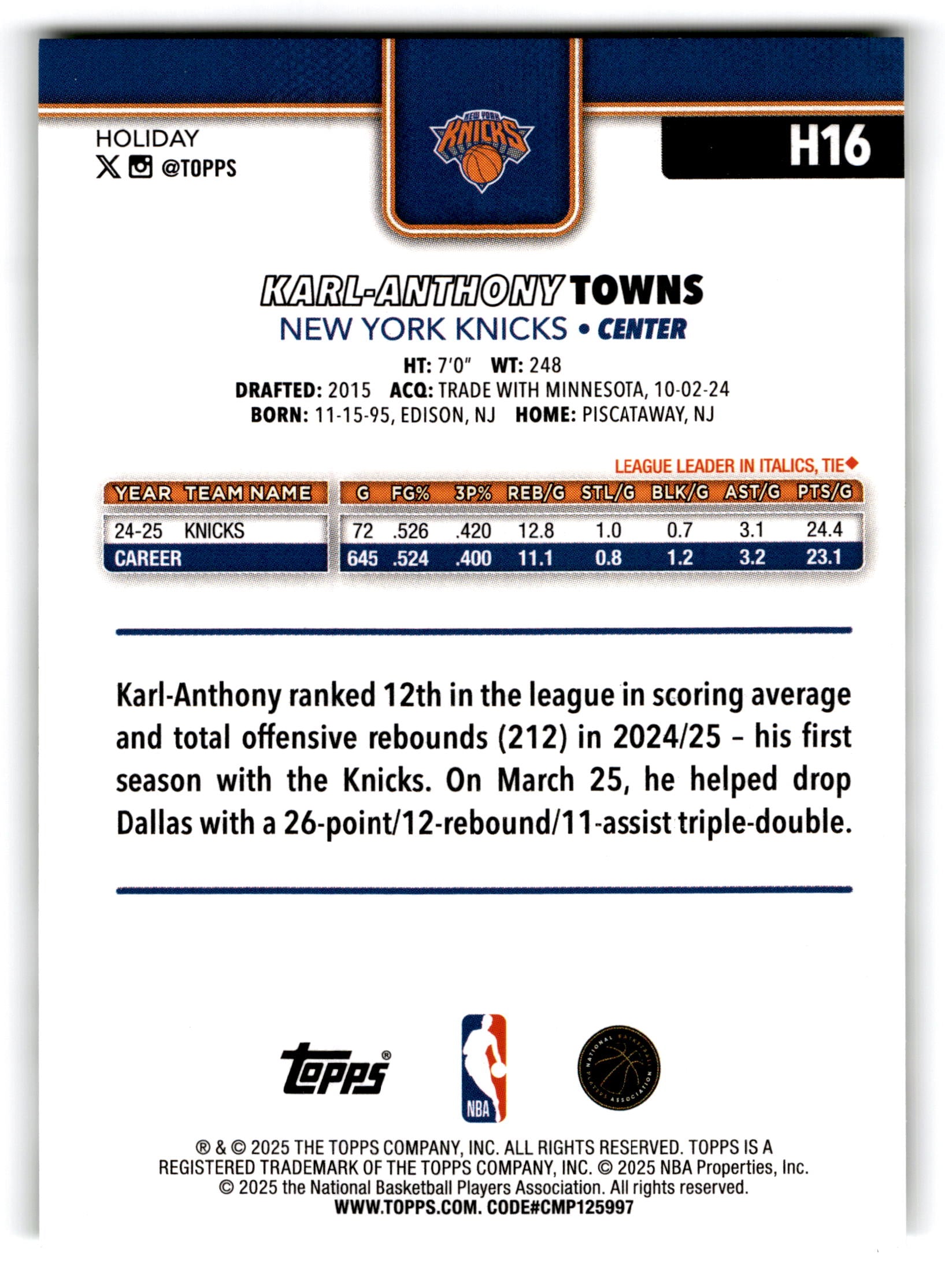2025 Topps Holiday Karl-Anthony Towns #H16