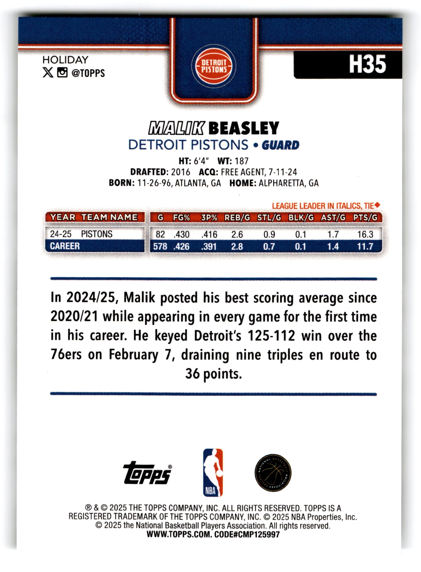 2025 Topps Holiday Malik Beasley #H35