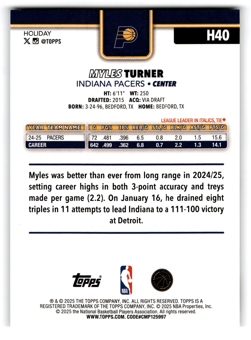 2025 Topps Holiday Myles Turner #H40