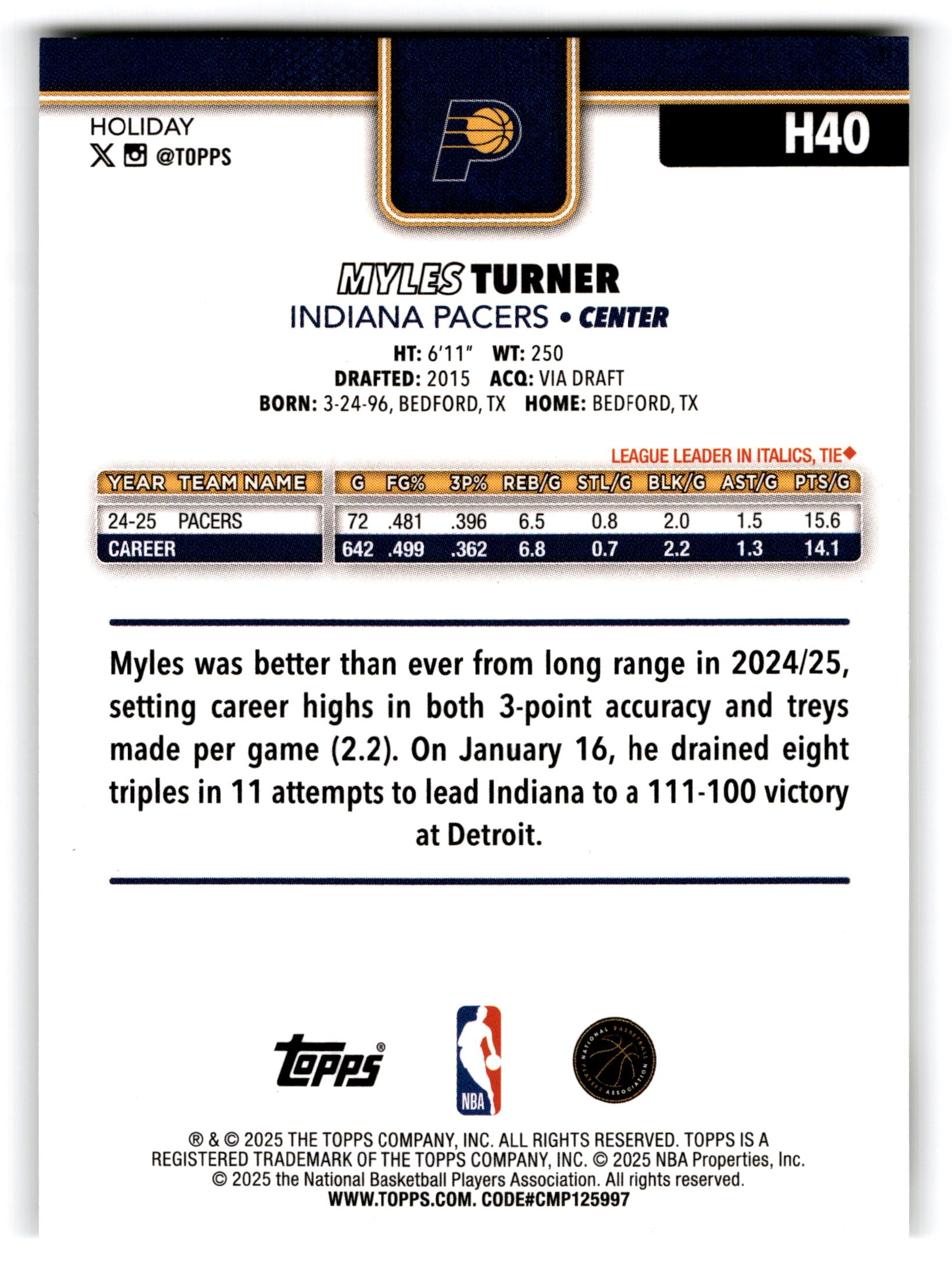 2025 Topps Holiday Myles Turner #H40