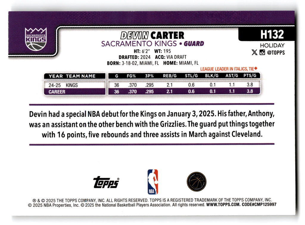 2025 Topps Holiday Basketball Devin Carter #H132