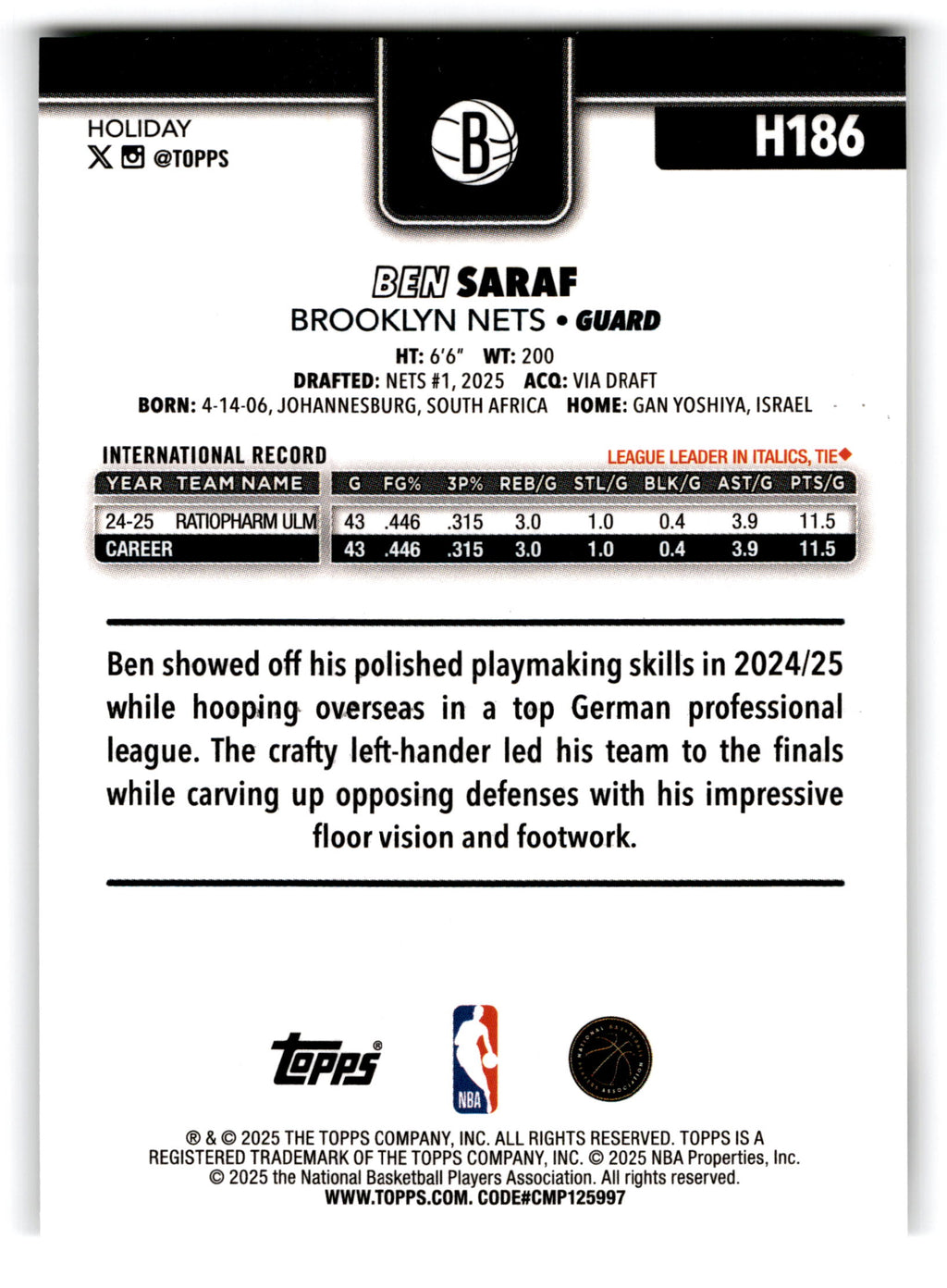 2025 Topps Holiday Ben Saraf #H186 RC